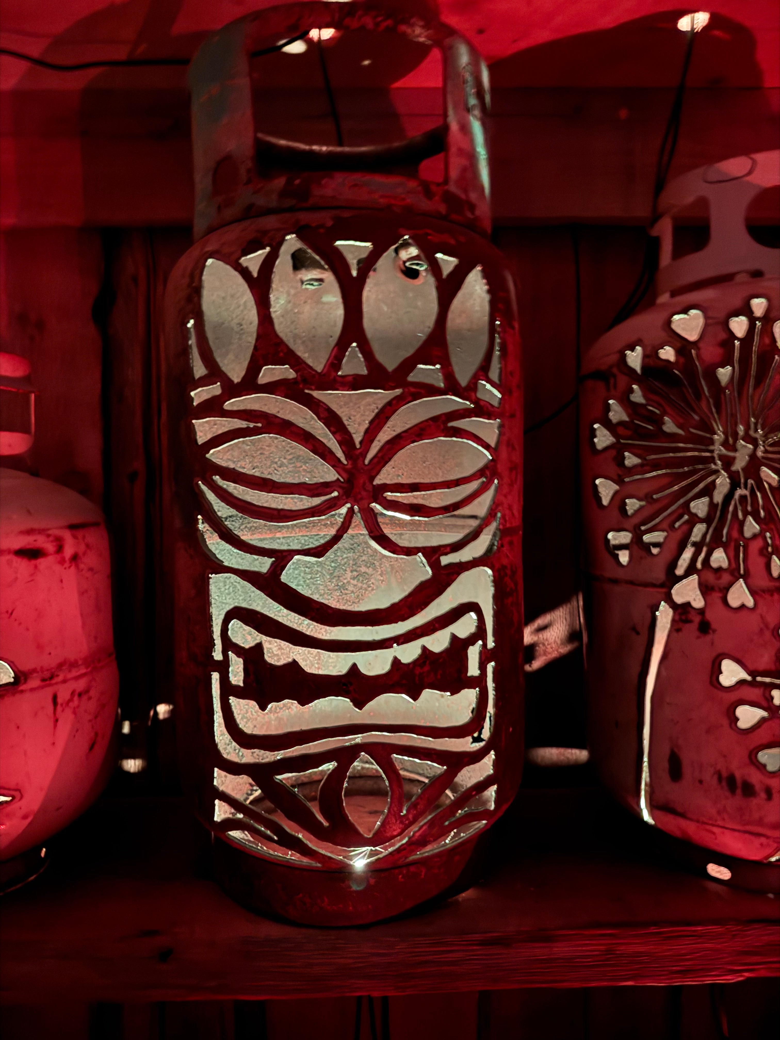 30lb Upcycled Patio Lantern, Tiki Face 1