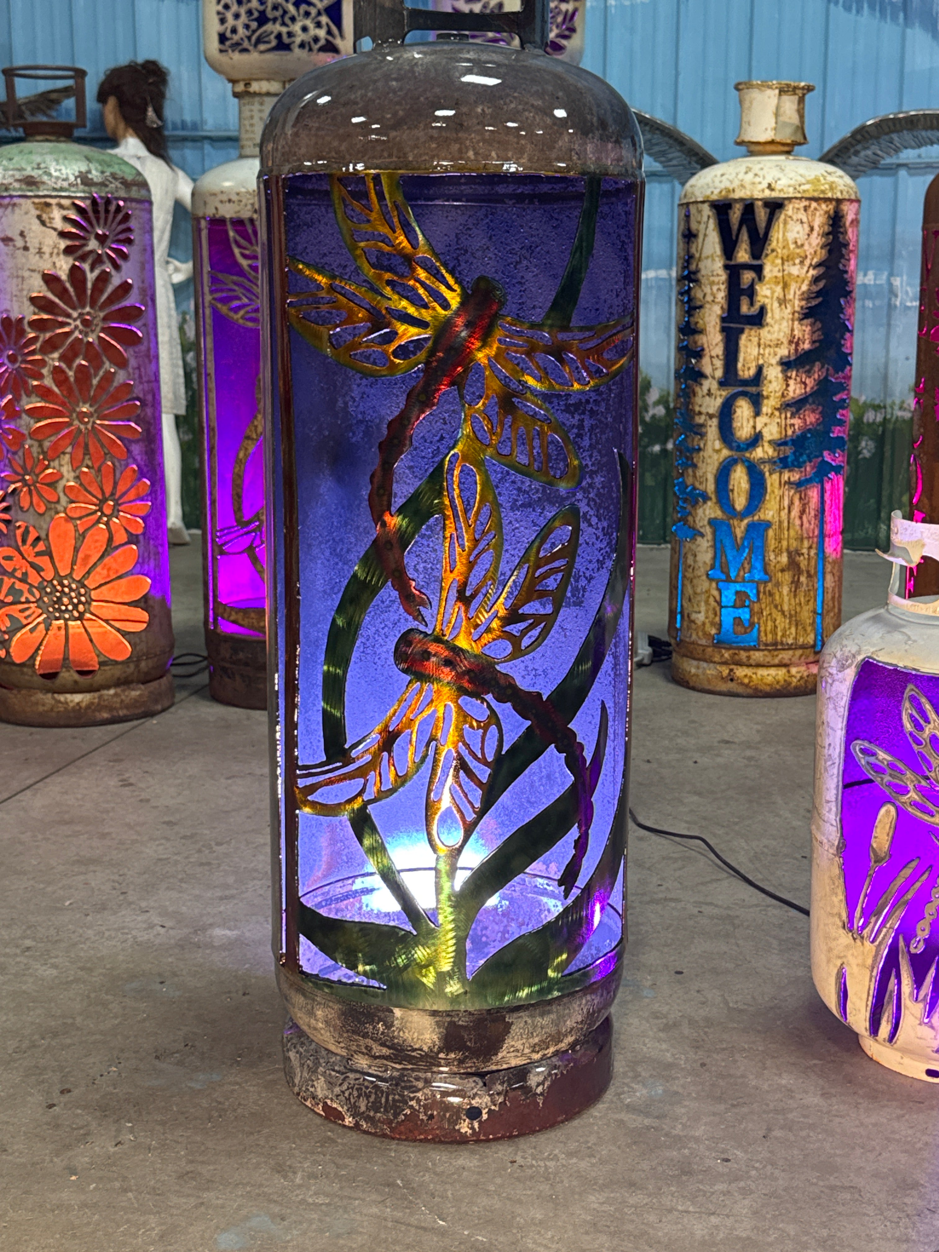 100lb Upcycled Patio Lantern, Dragonfly AirBrushed Patina