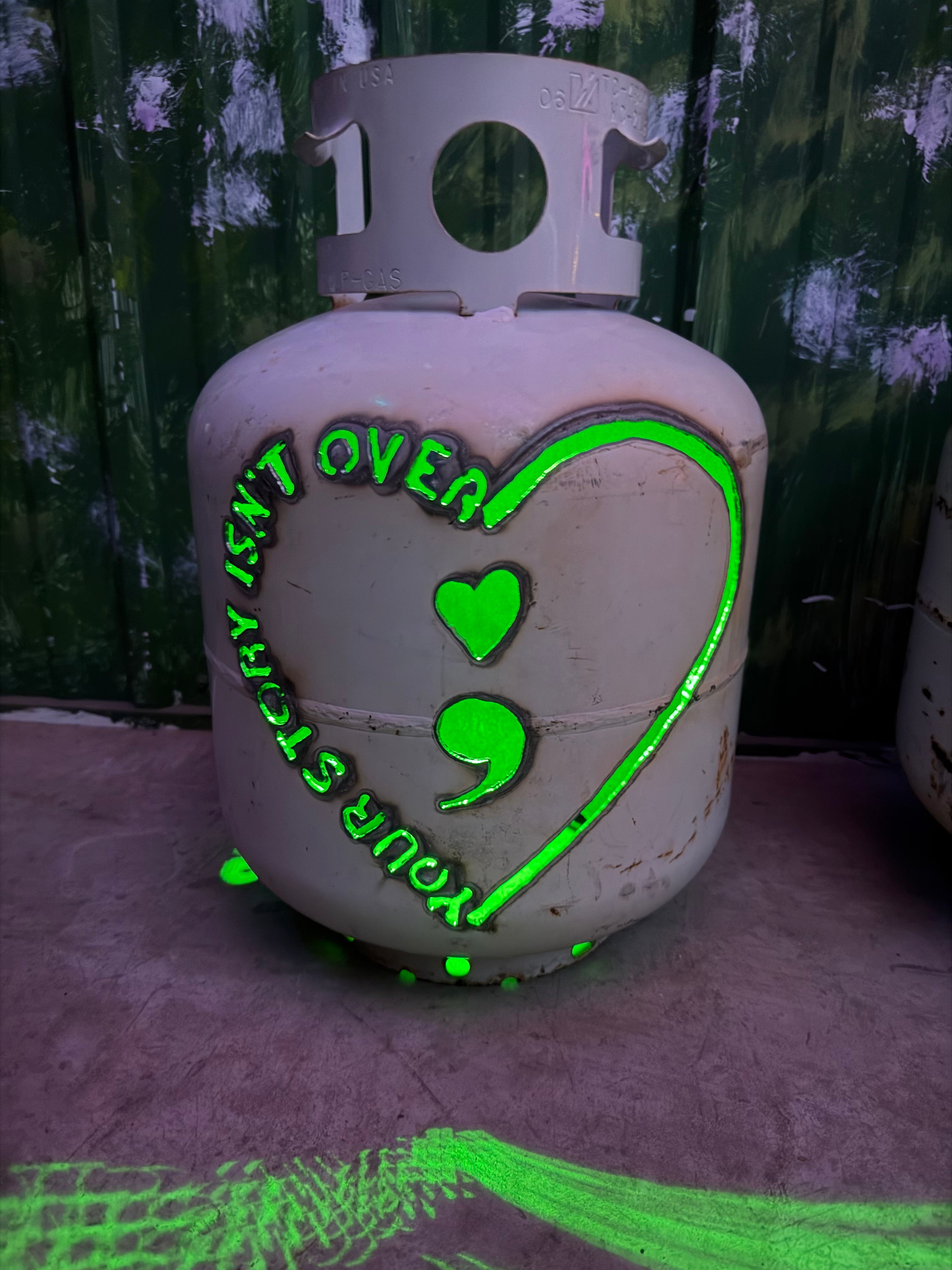 20lb Upcycled Patio Lantern, Heart and Semicolon YOUR STORY ISN’T OVER Mental Health Natural Finish