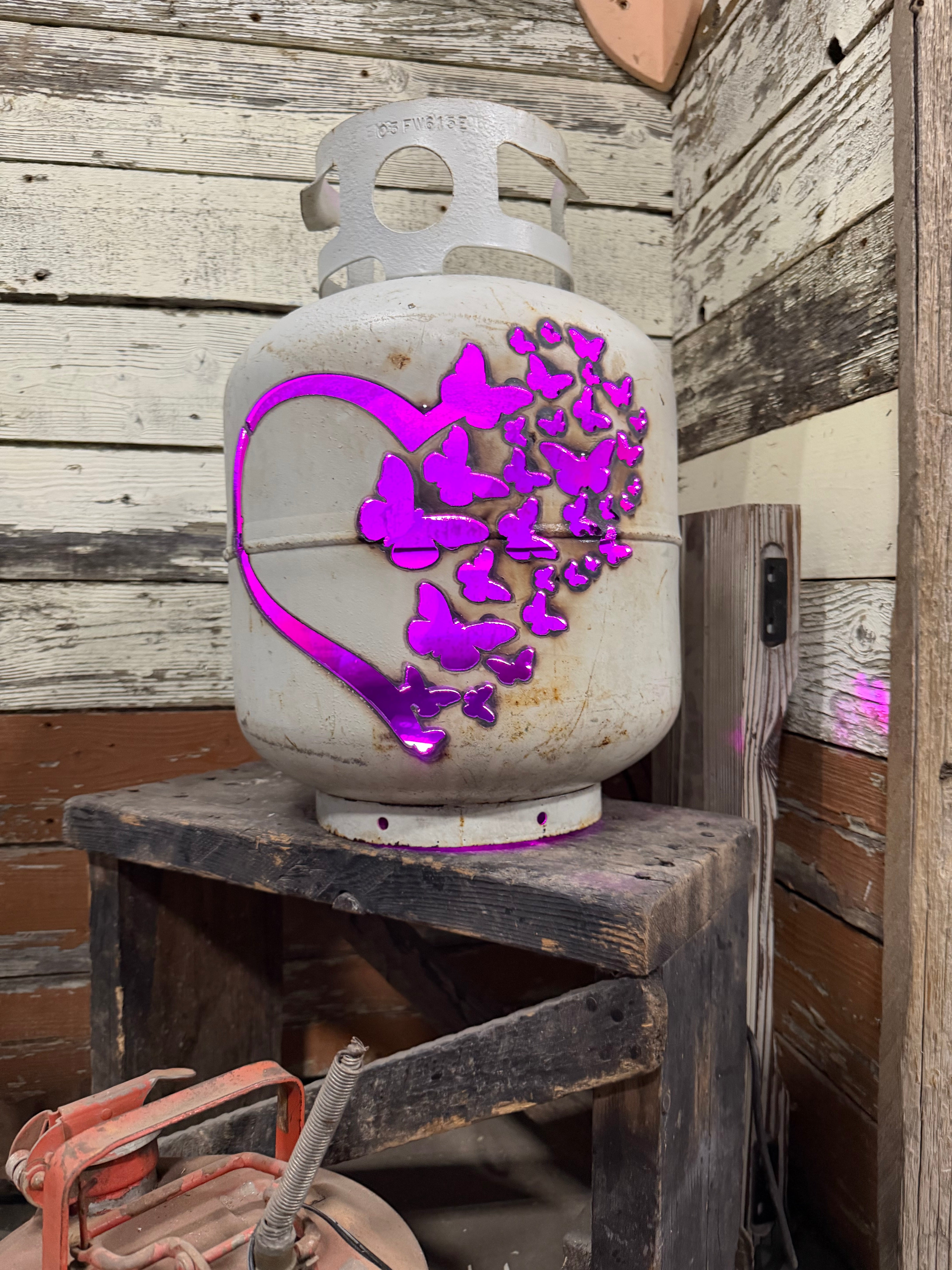 20lb Upcycled Patio Lantern, Heart Butterflies Natural Finish