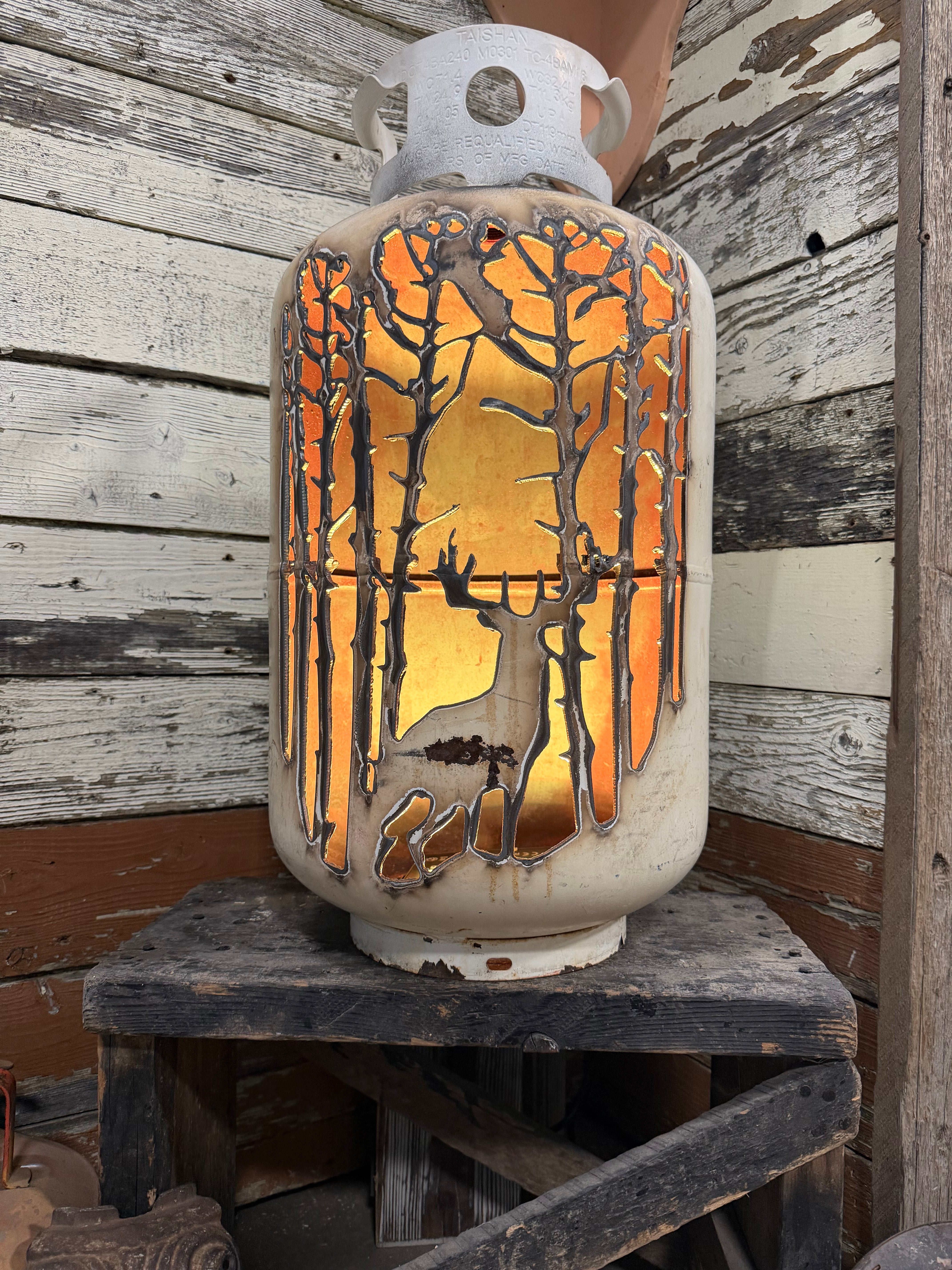 30lb Upcycled Patio Lantern, Deer in Birch trees