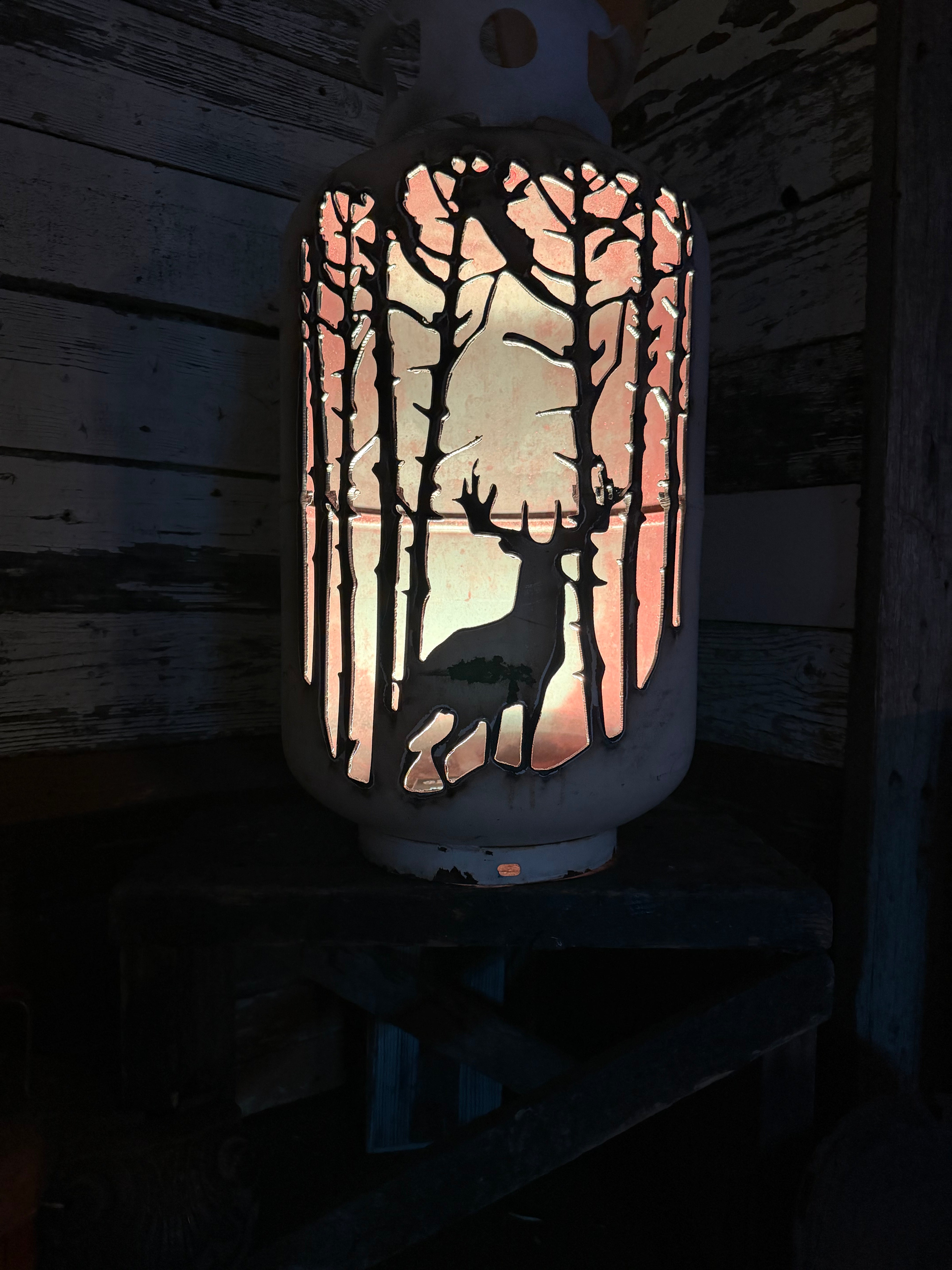 30lb Upcycled Patio Lantern, Deer in Birch trees
