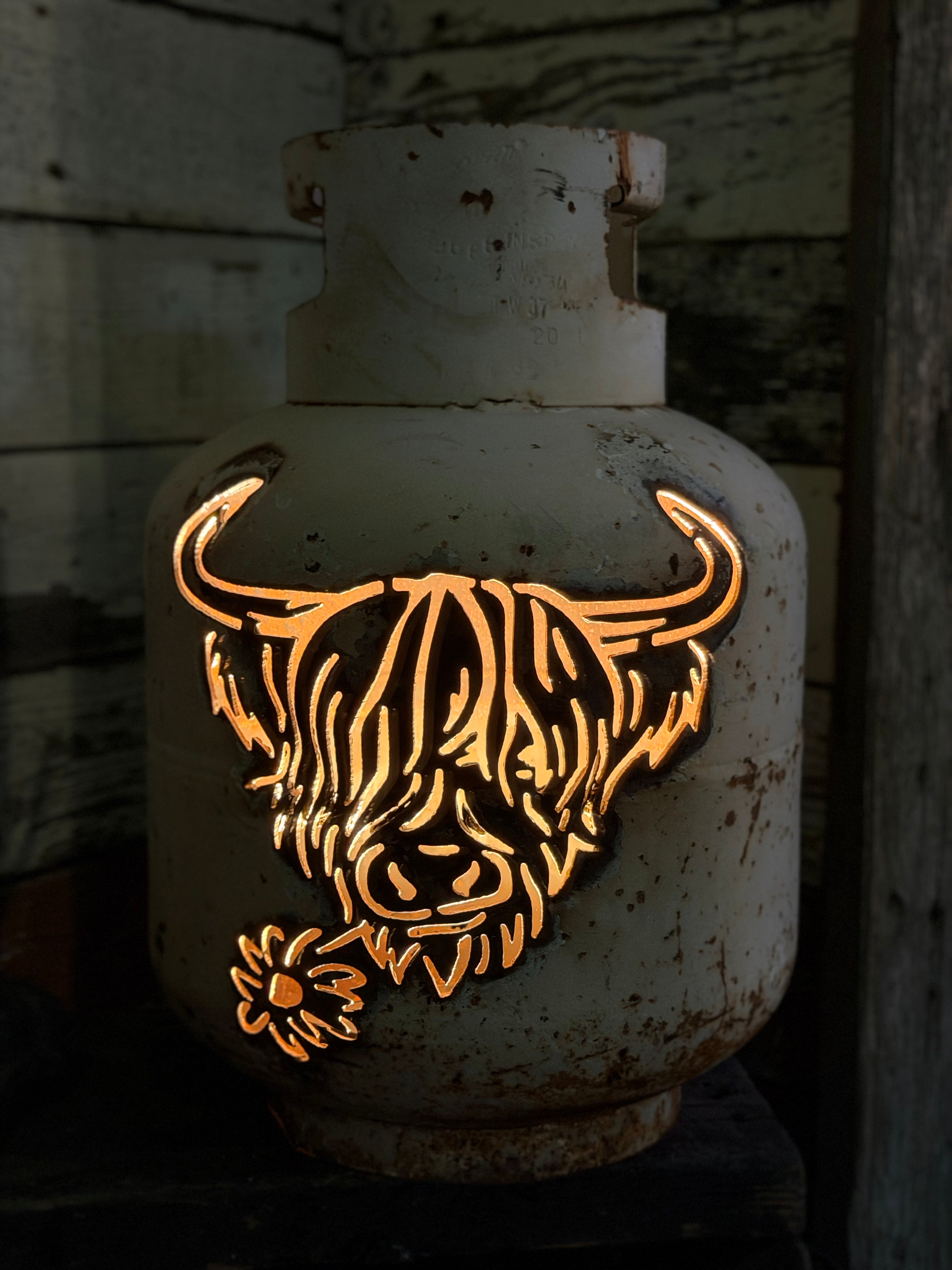 20lb Upcycled Patio Lantern, Highland Cow Buttercup Natural Finish