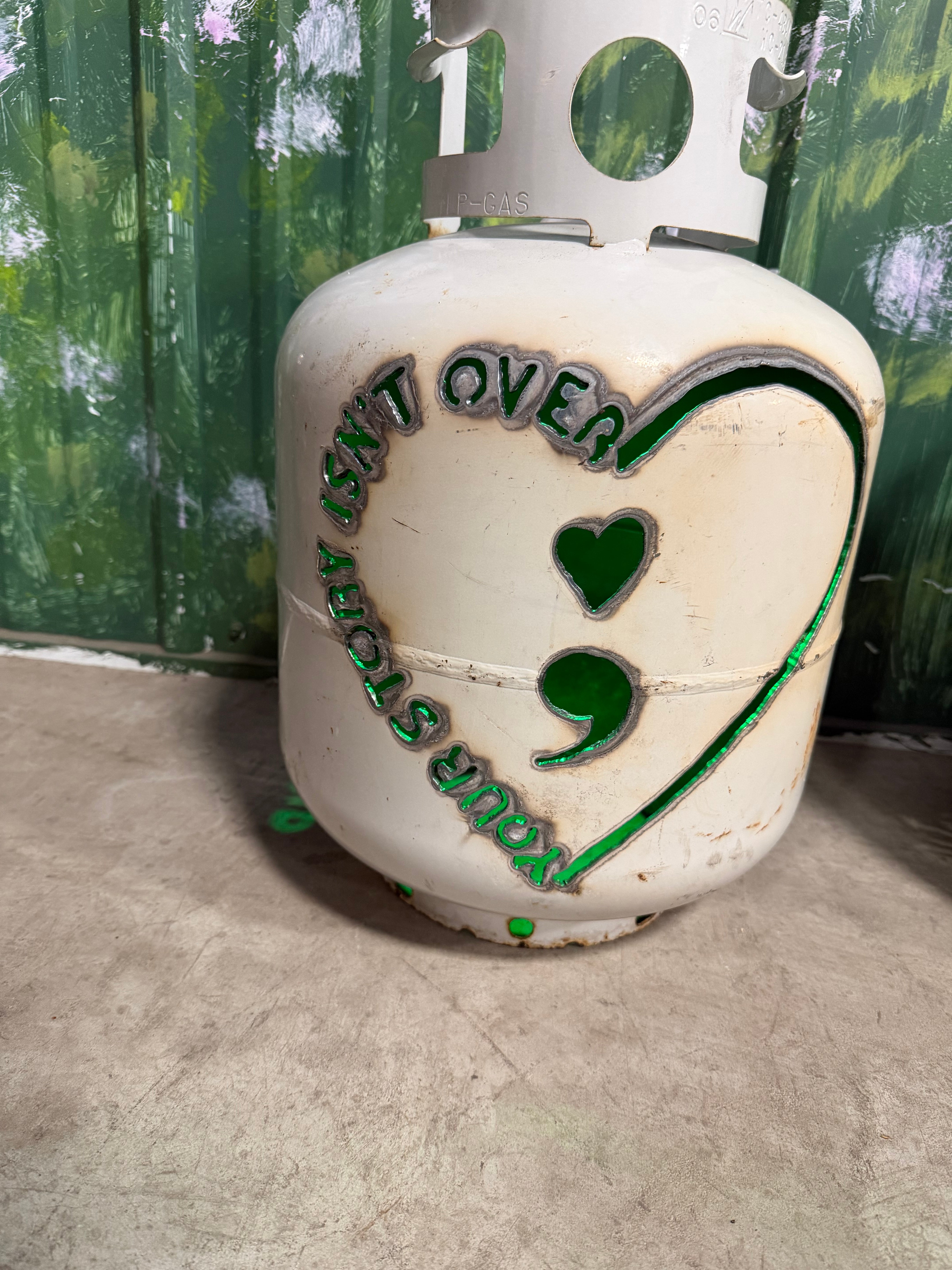 20lb Upcycled Patio Lantern, Heart and Semicolon YOUR STORY ISN’T OVER Mental Health Natural Finish