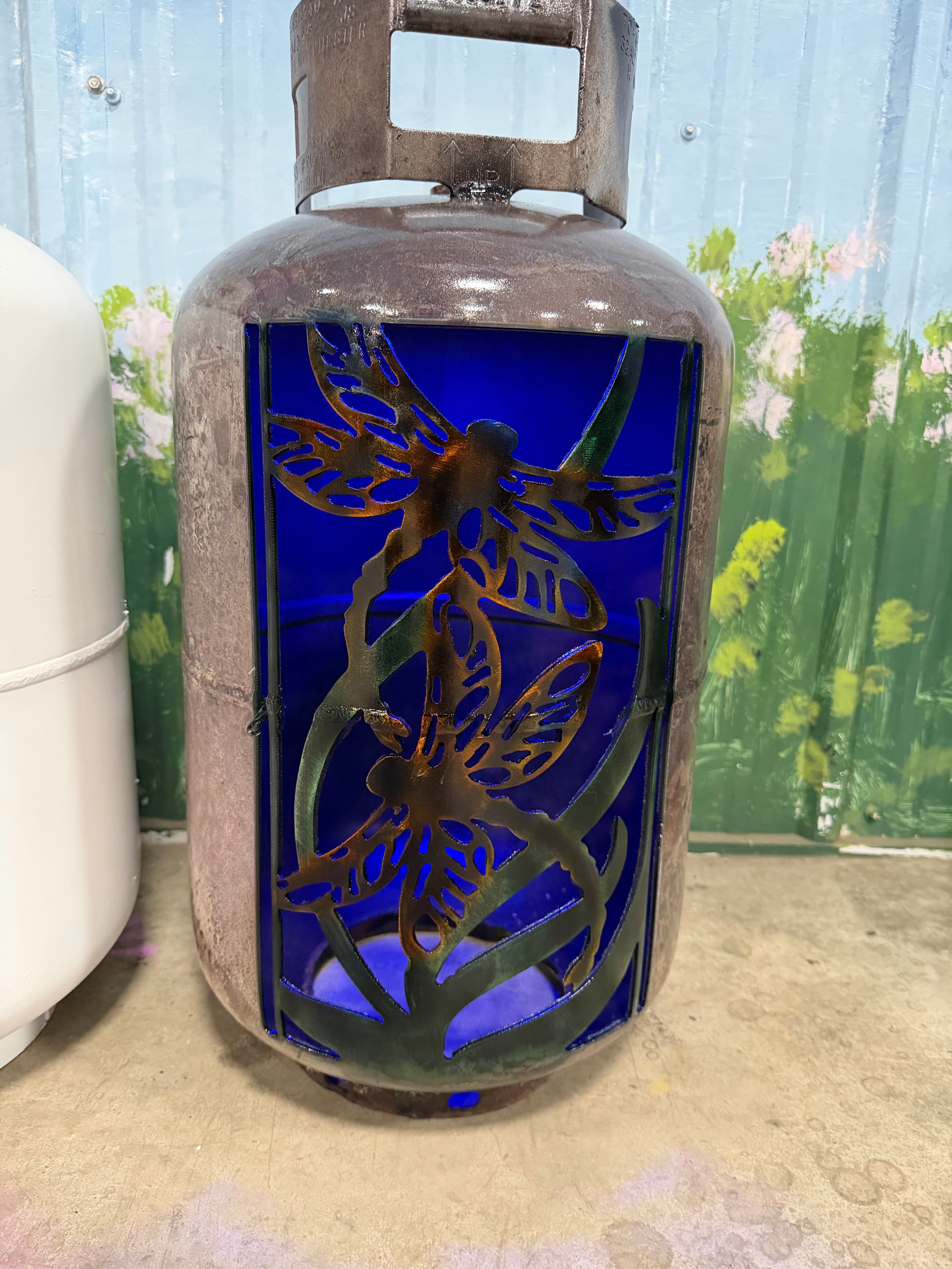 30lb Upcycled Patio Lantern, Double Dragonfly Airbrushed Patina Finish