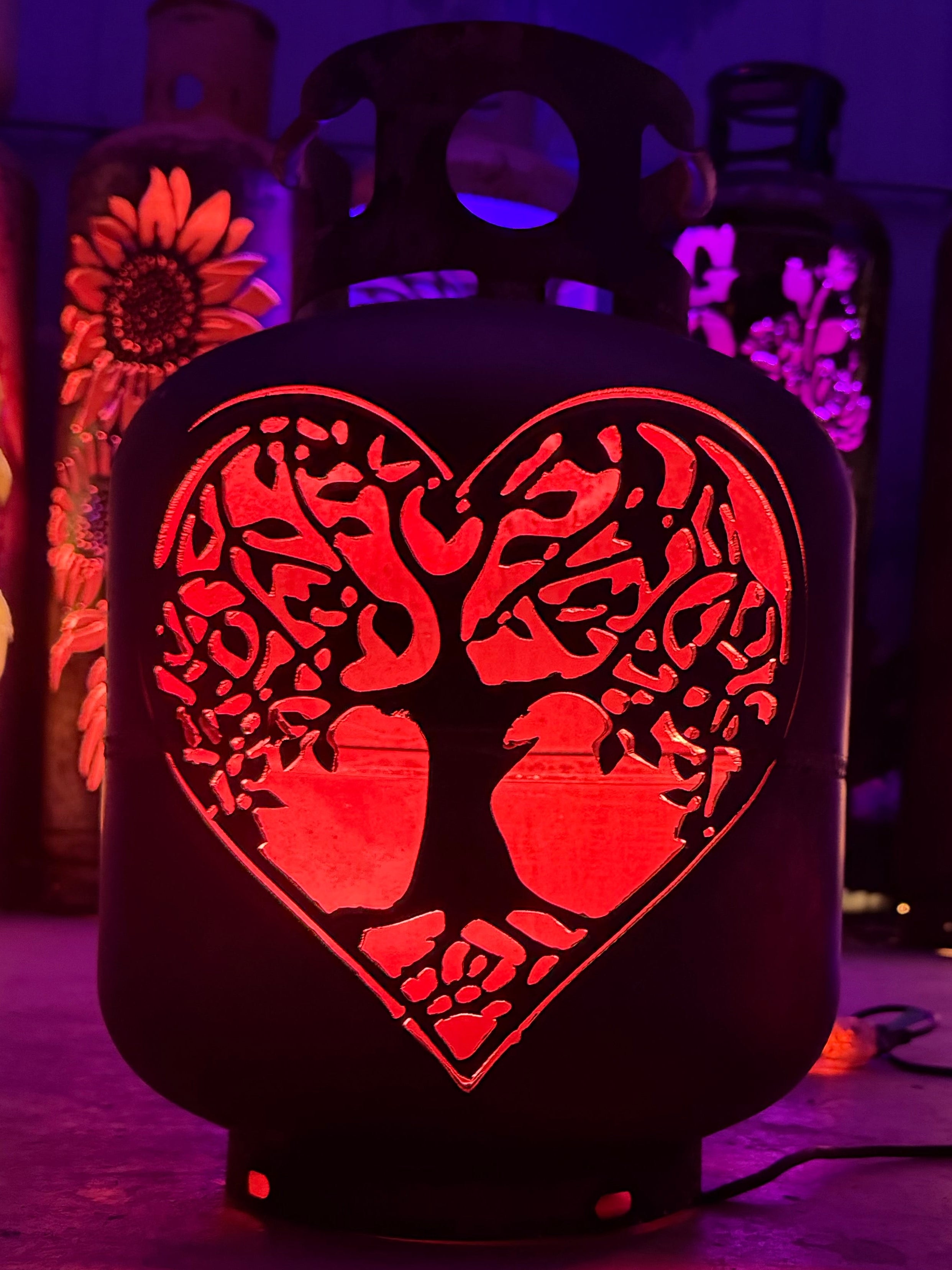 20lb Upcycled Patio Lantern, Heart Tree Of Life Burnt Patina