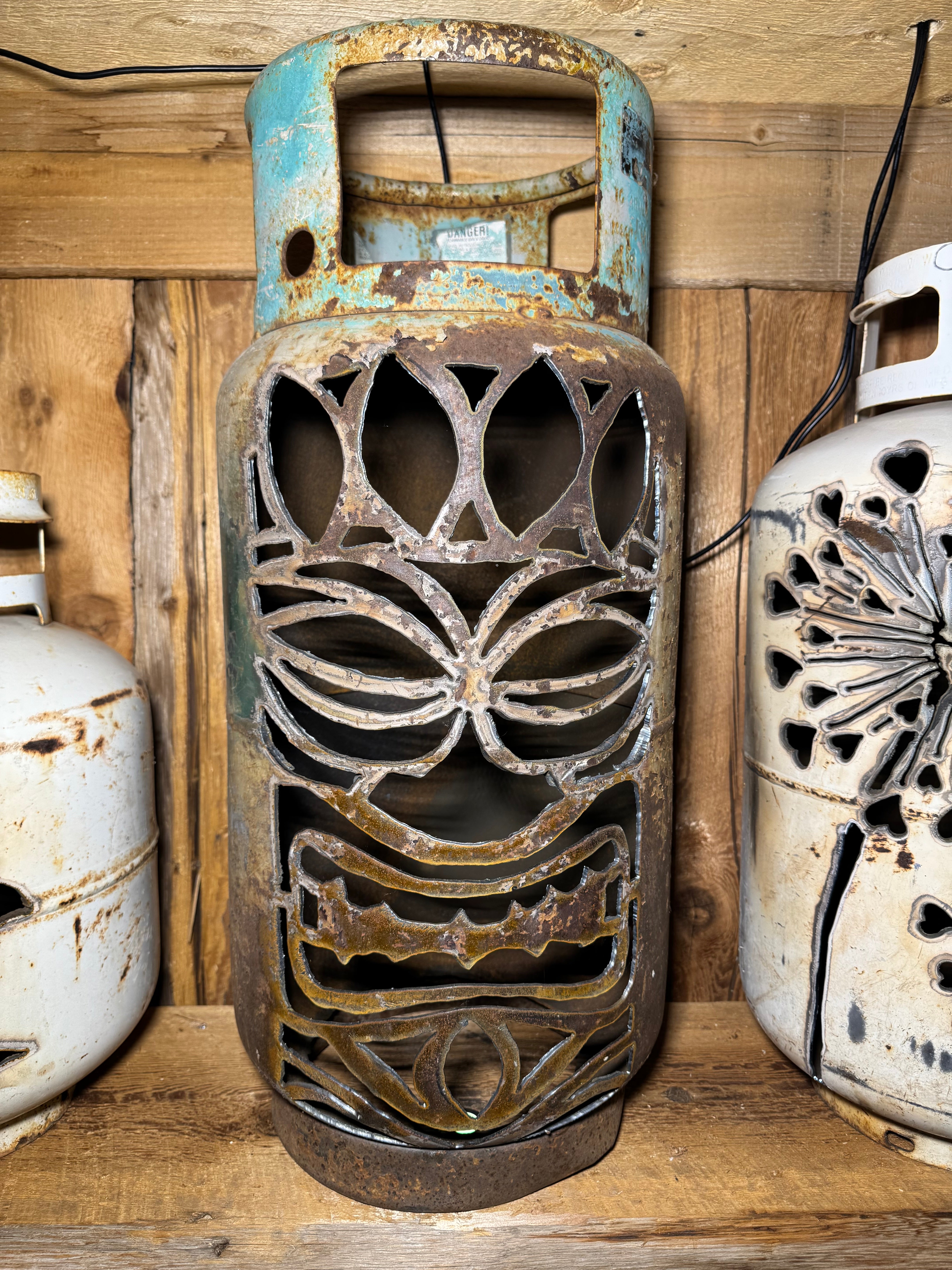 30lb Upcycled Patio Lantern, Tiki Face 1
