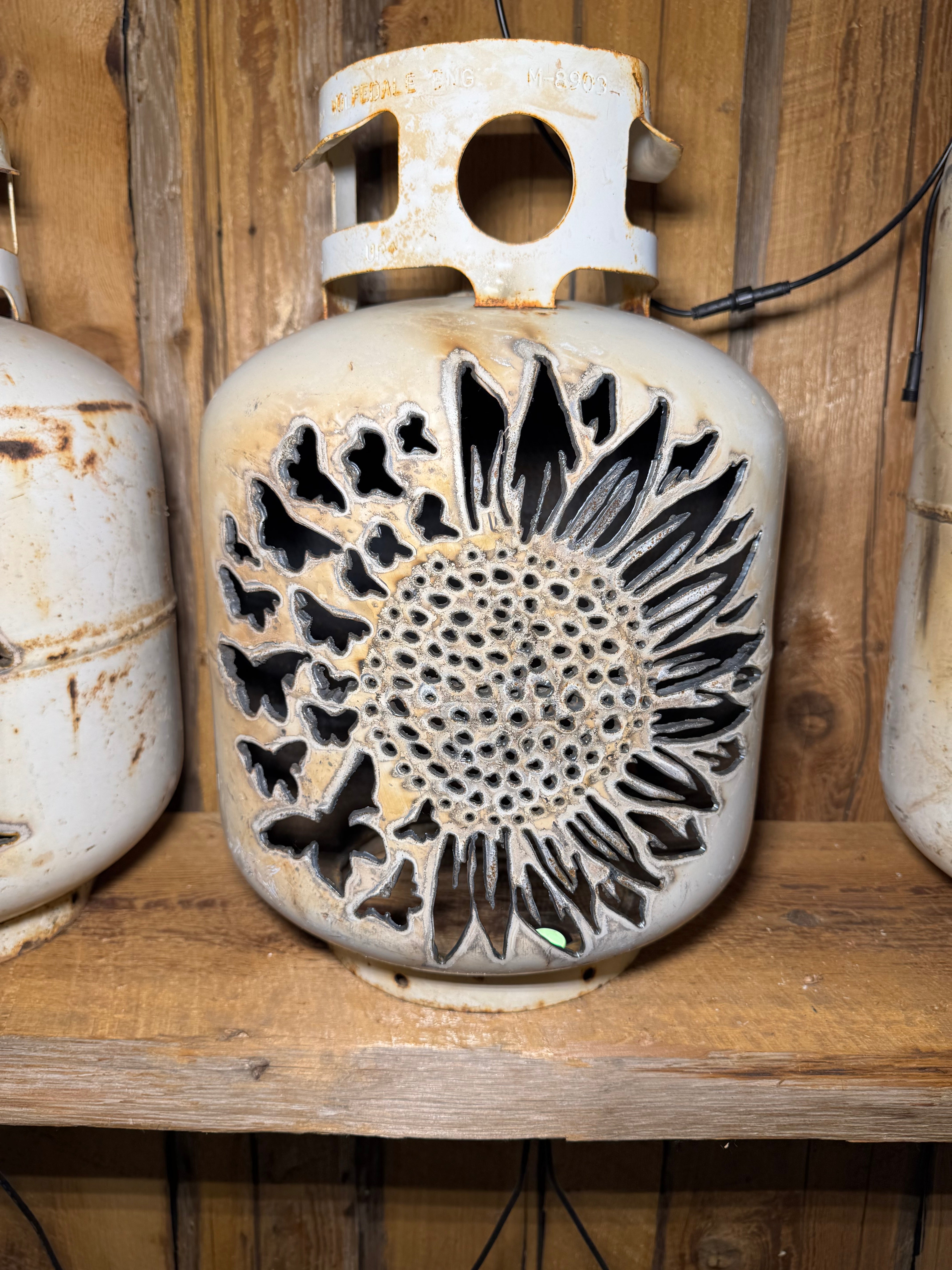 20lb Upcycled Patio Lantern, Sunflower and Butterflies