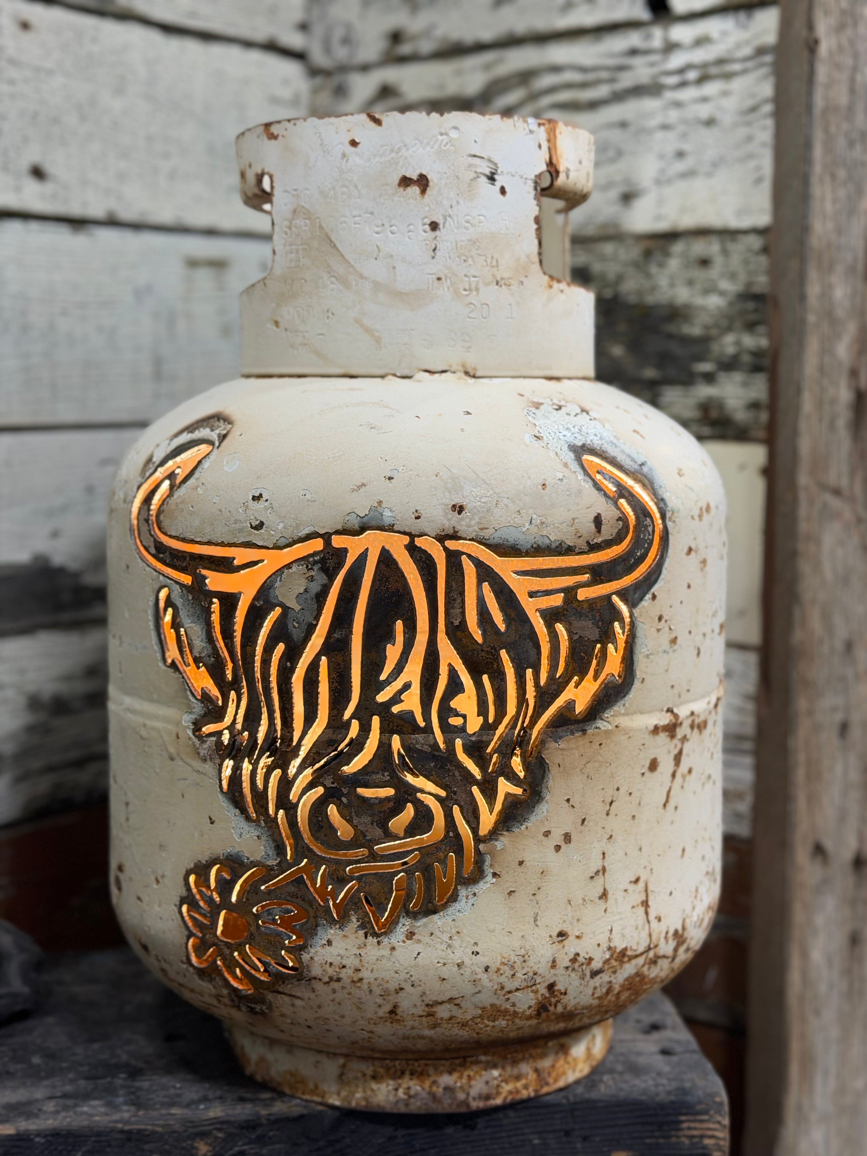 20lb Upcycled Patio Lantern, Highland Cow Buttercup Natural Finish
