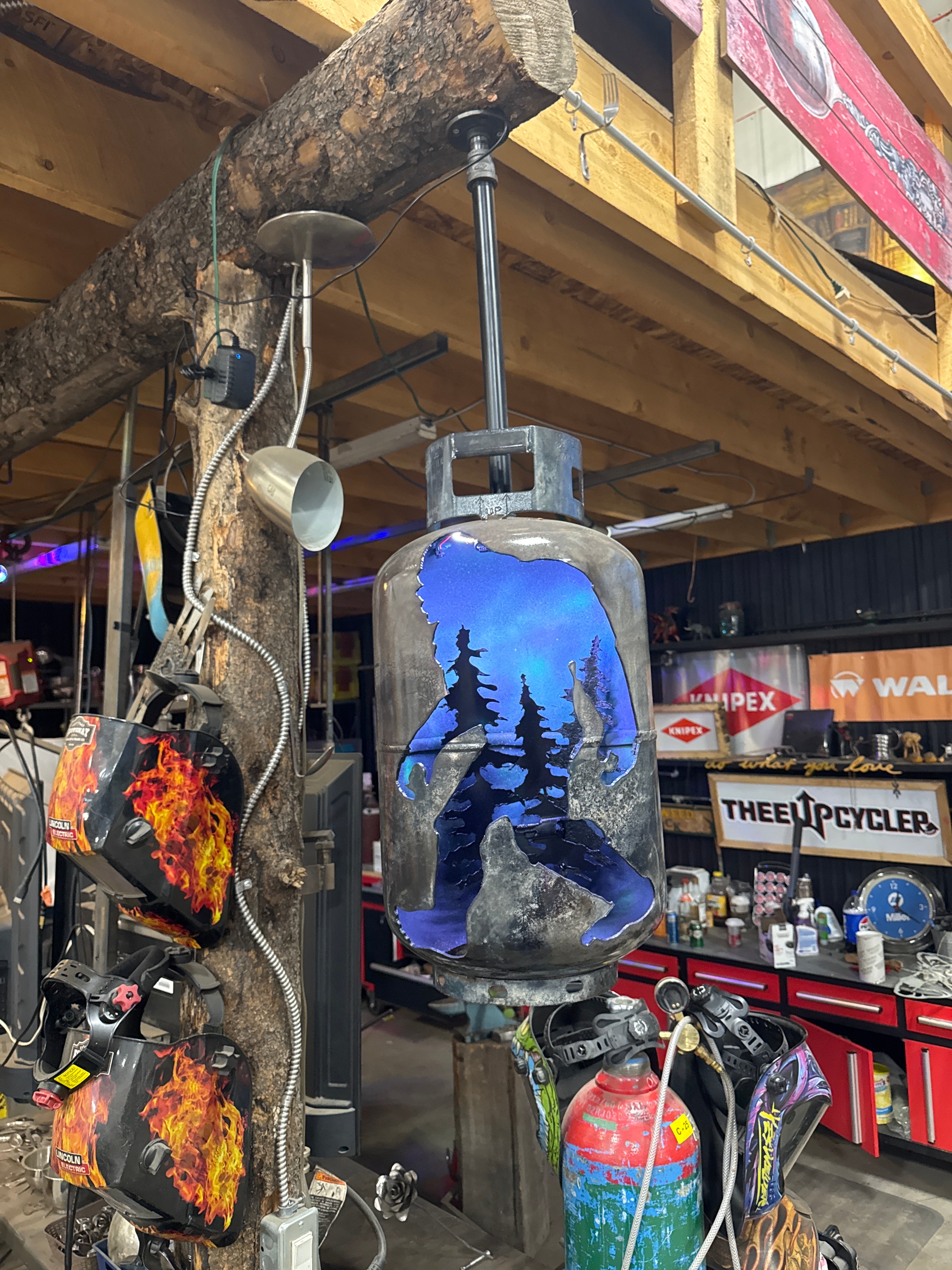 30lb Upcycled Patio Lantern, BigFoot Sasquatch hanging