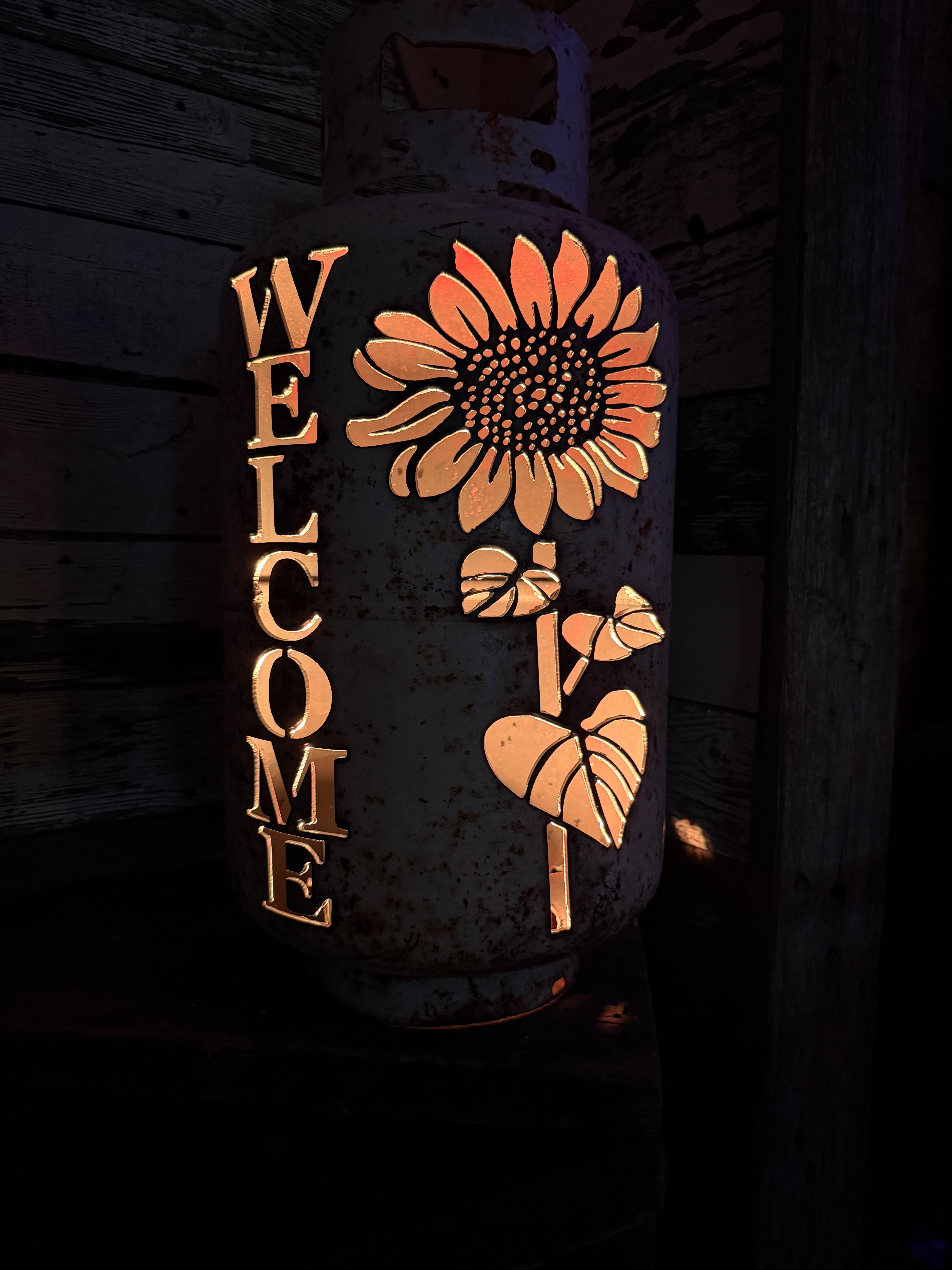 30lb Upcycled Patio Lantern, Welcome & Sunflower