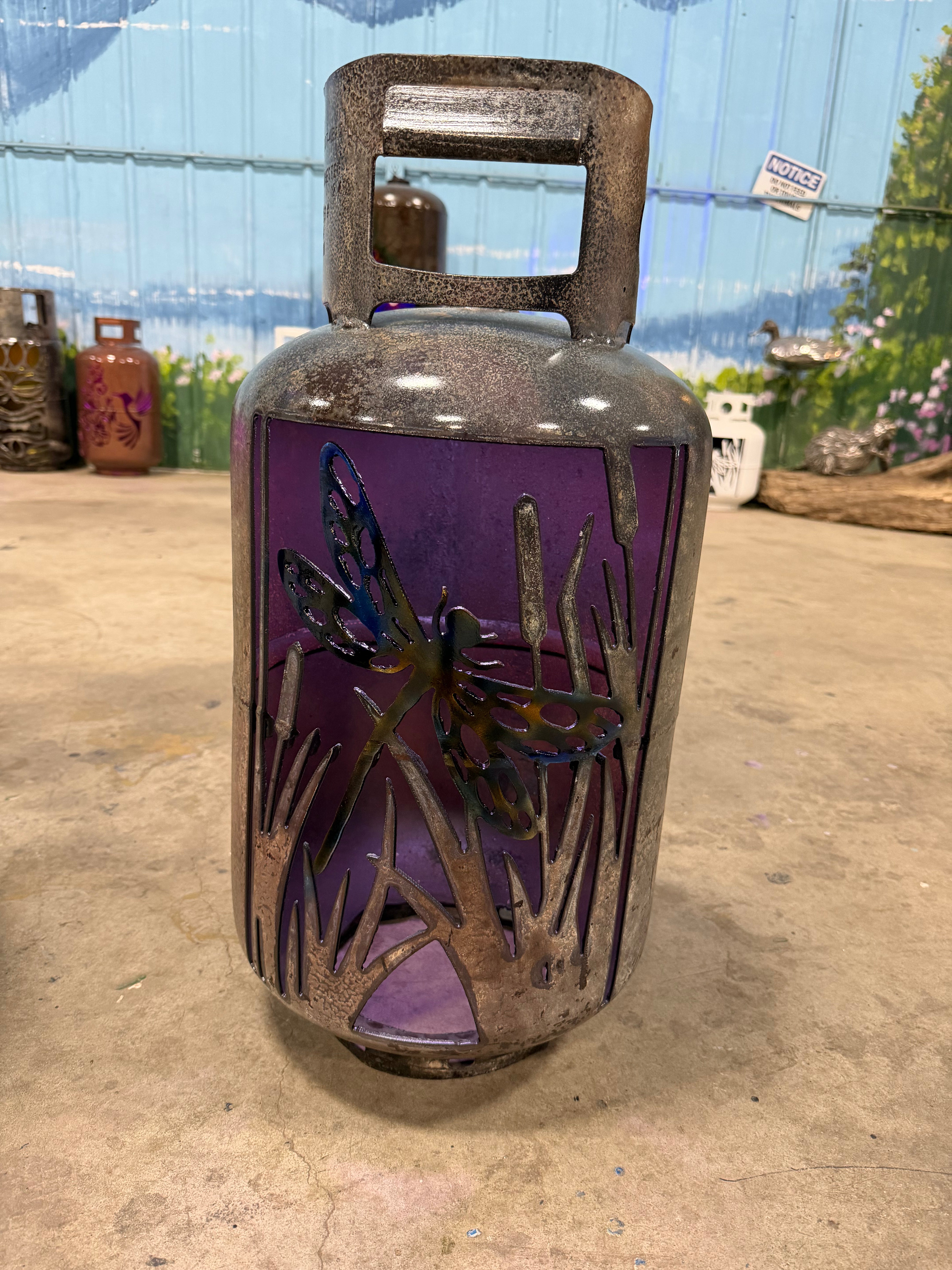 30lb Upcycled Patio Lantern, Single Dragonfly Airbrushed Patina Finish