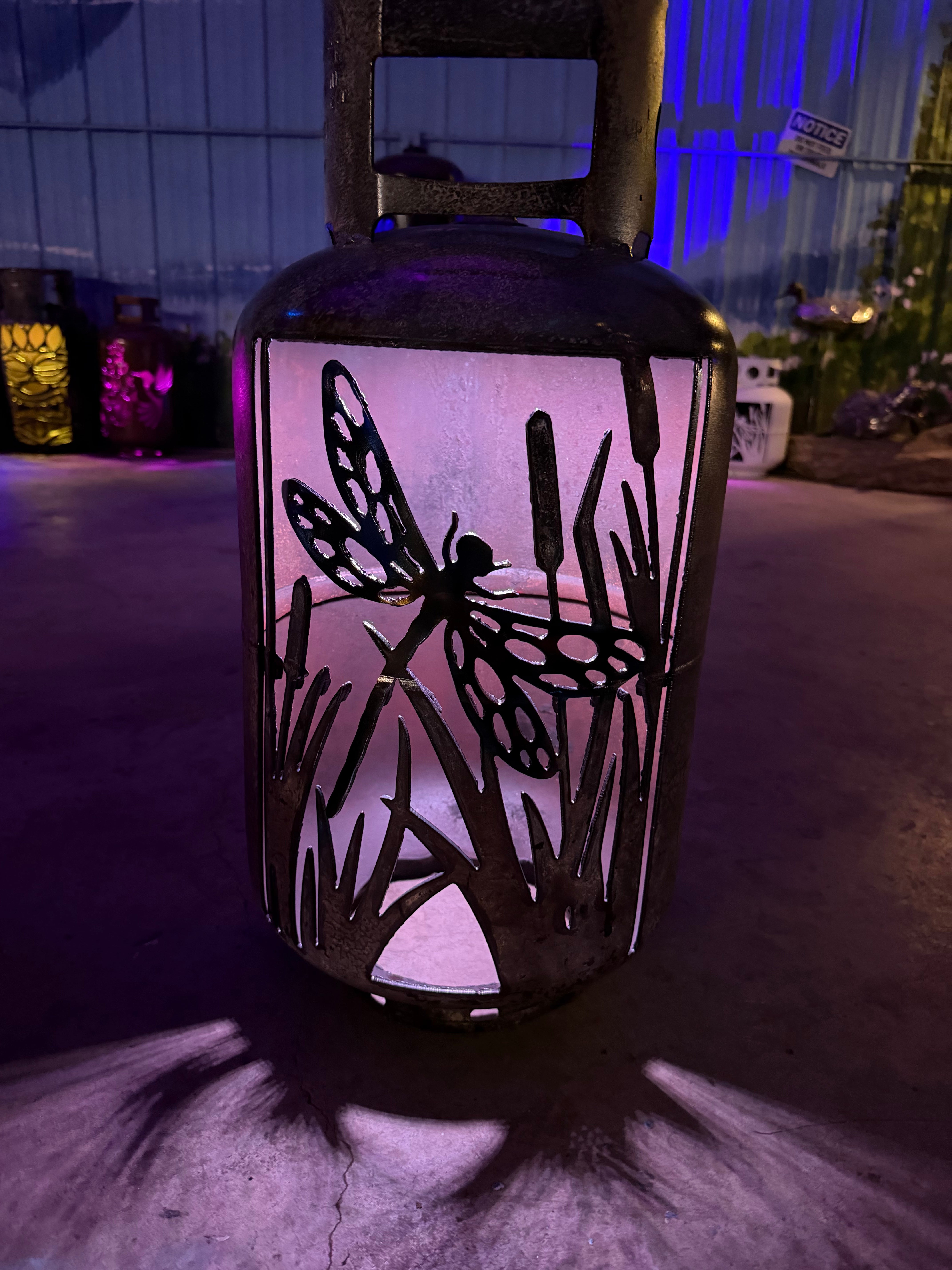 30lb Upcycled Patio Lantern, Single Dragonfly Airbrushed Patina Finish