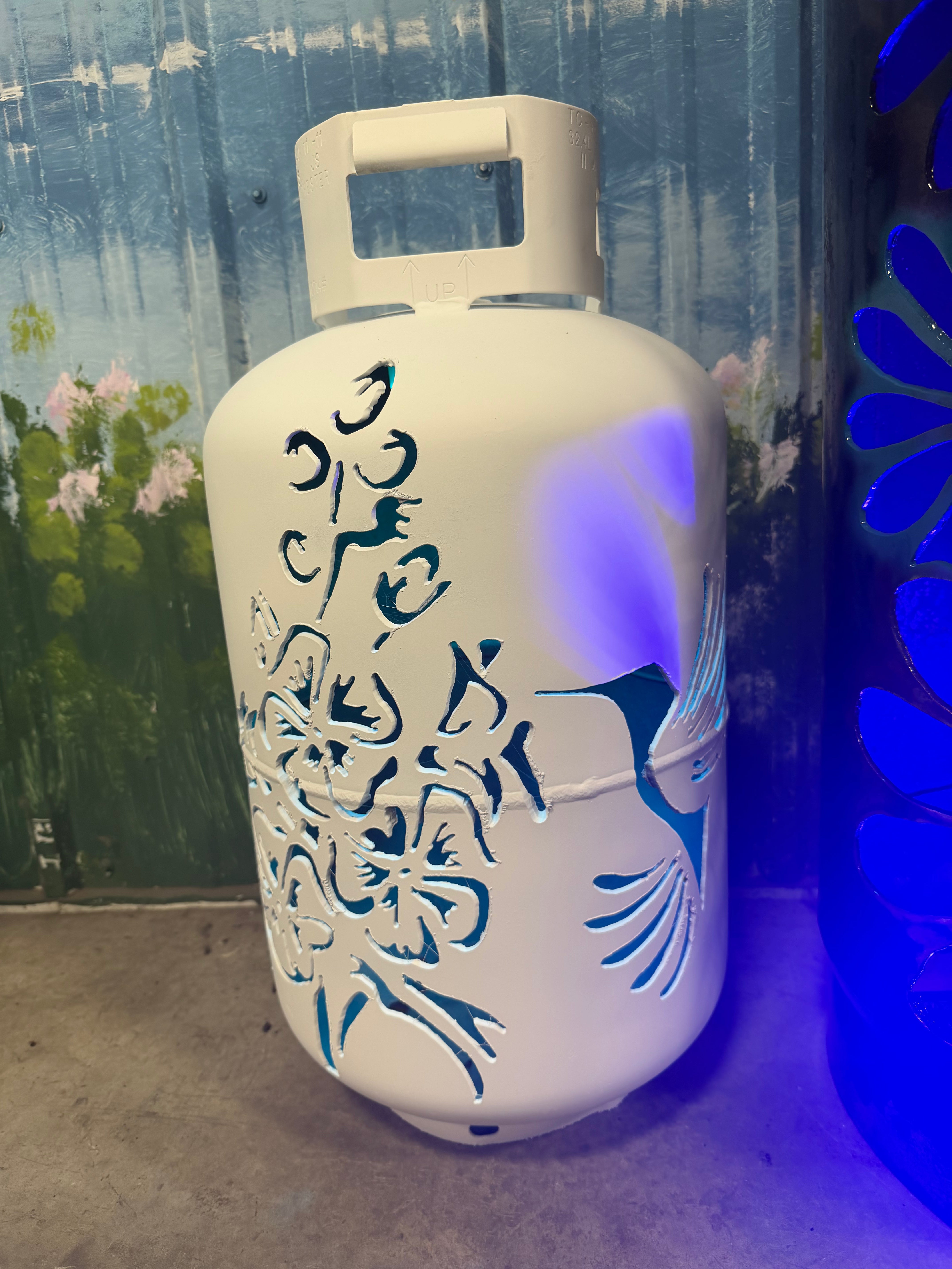 30lb Upcycled Patio Lantern, Hummingbird Hibiscus Painted White