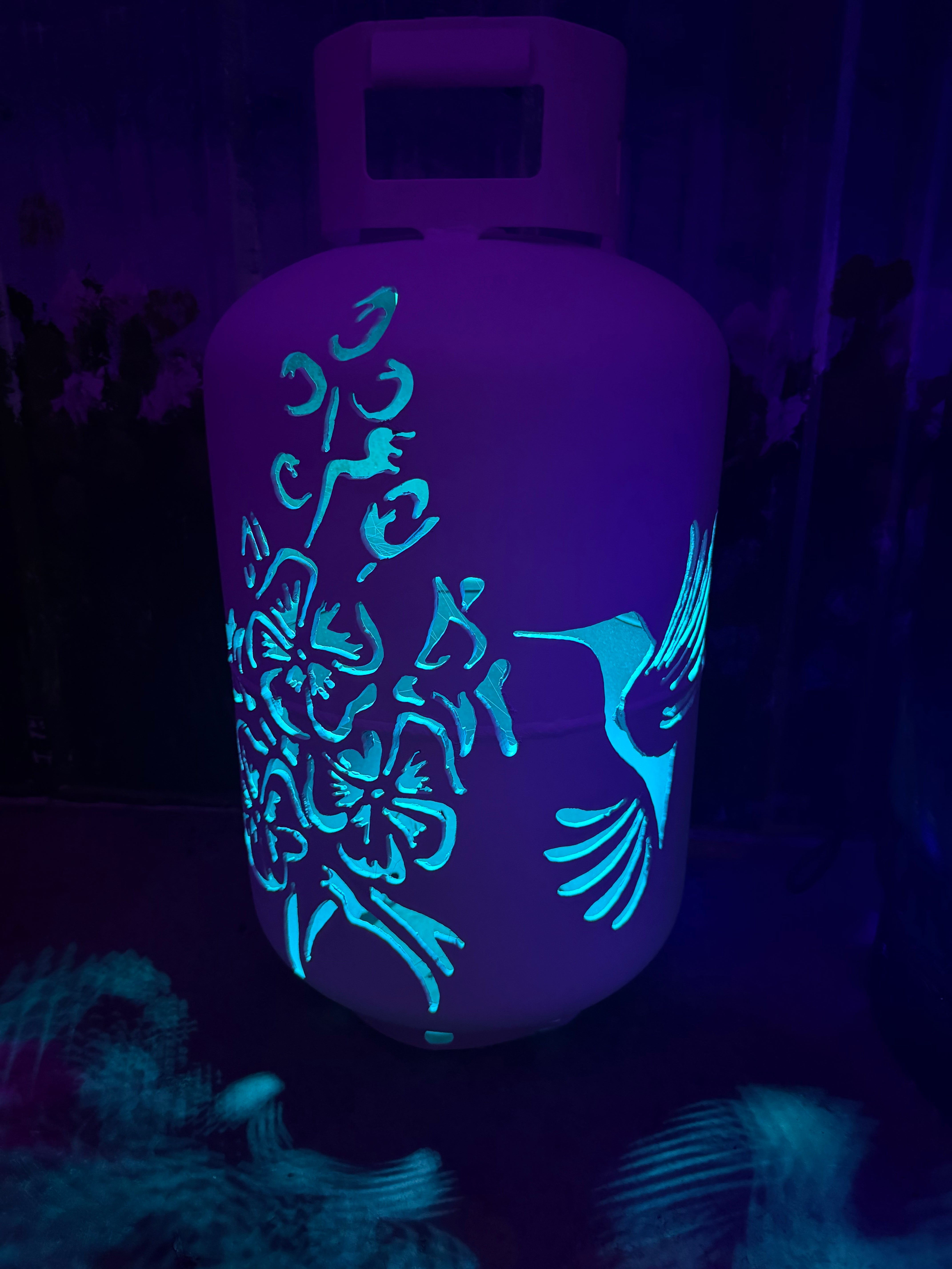 30lb Upcycled Patio Lantern, Hummingbird Hibiscus Painted White