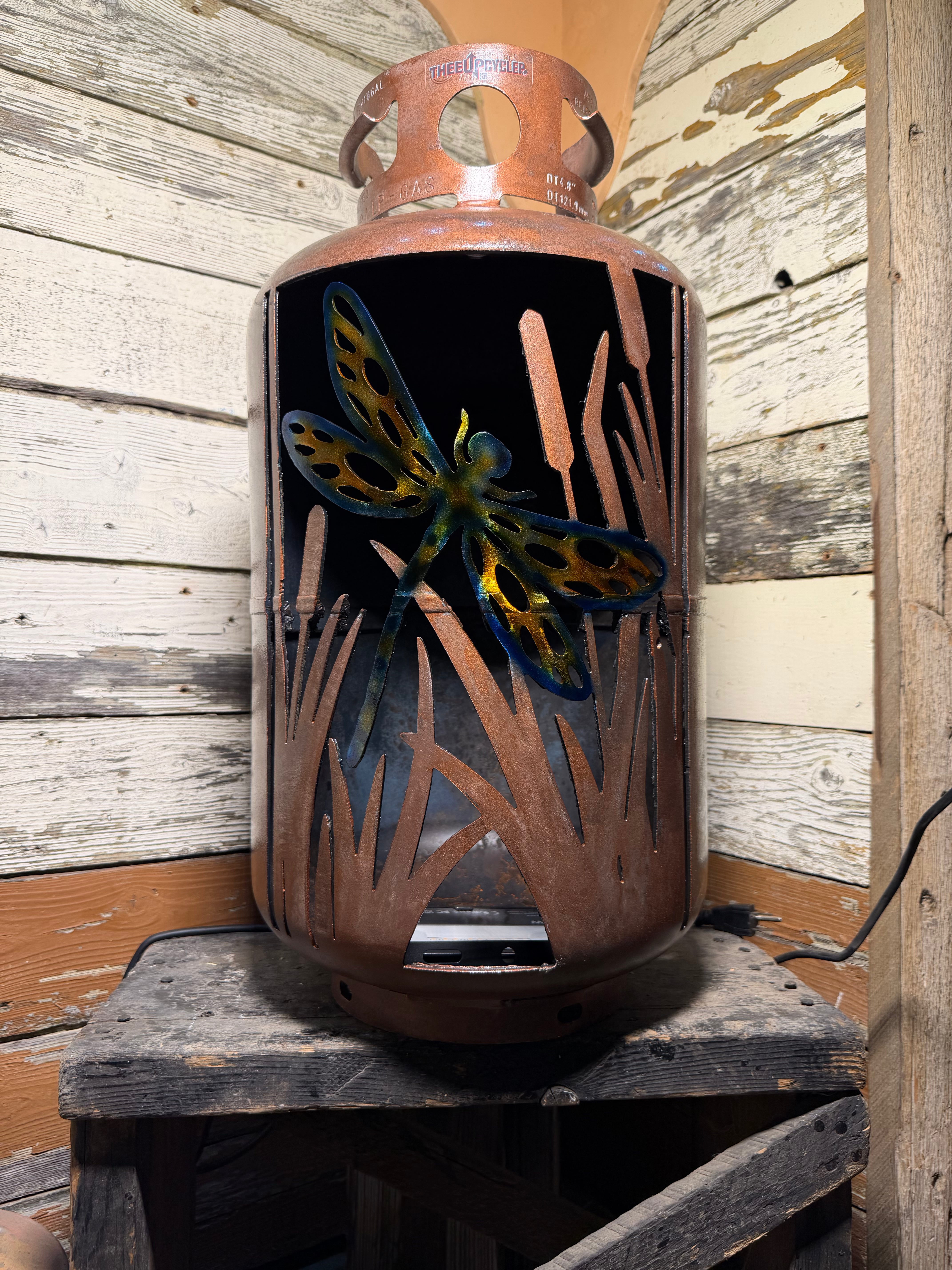 30lb Upcycled Patio Lantern, Dragonfly Cattails Copper Patina with Airbrushed Dragonfly