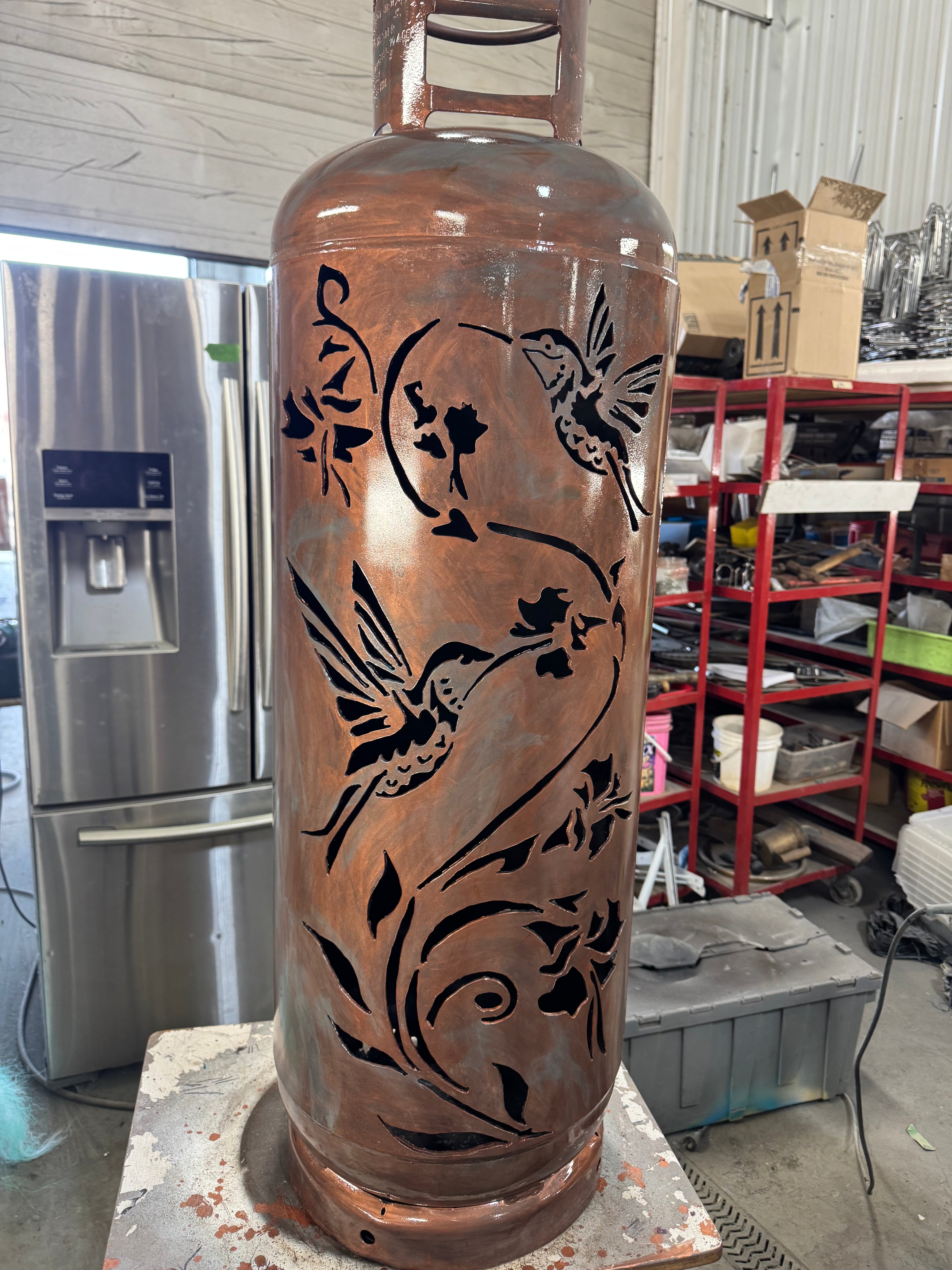 100lb Upcycled Patio Lantern, Hummingbirds Copper Blue Patina