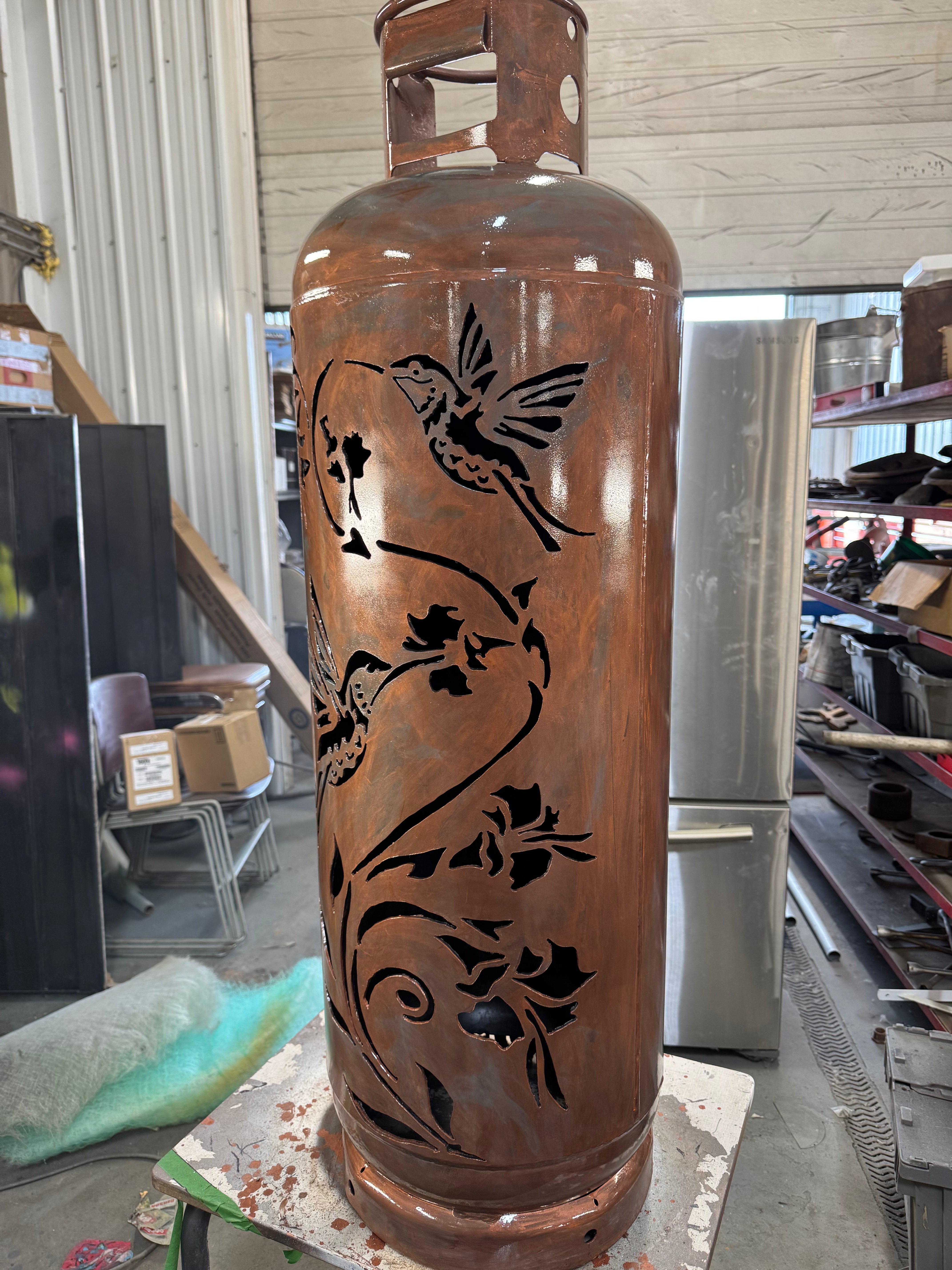 100lb Upcycled Patio Lantern, Hummingbirds Copper Blue Patina