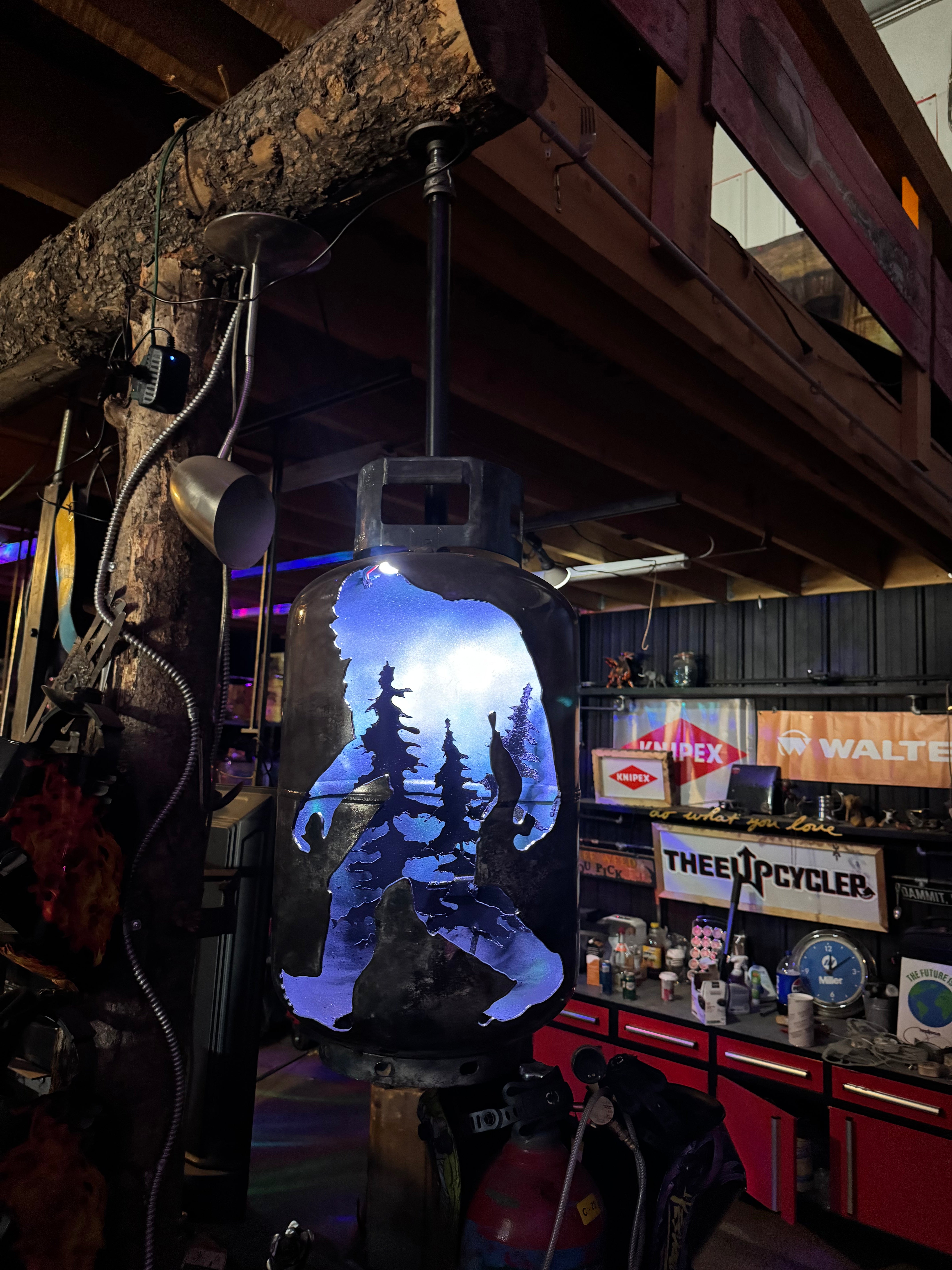 30lb Upcycled Patio Lantern, BigFoot Sasquatch hanging