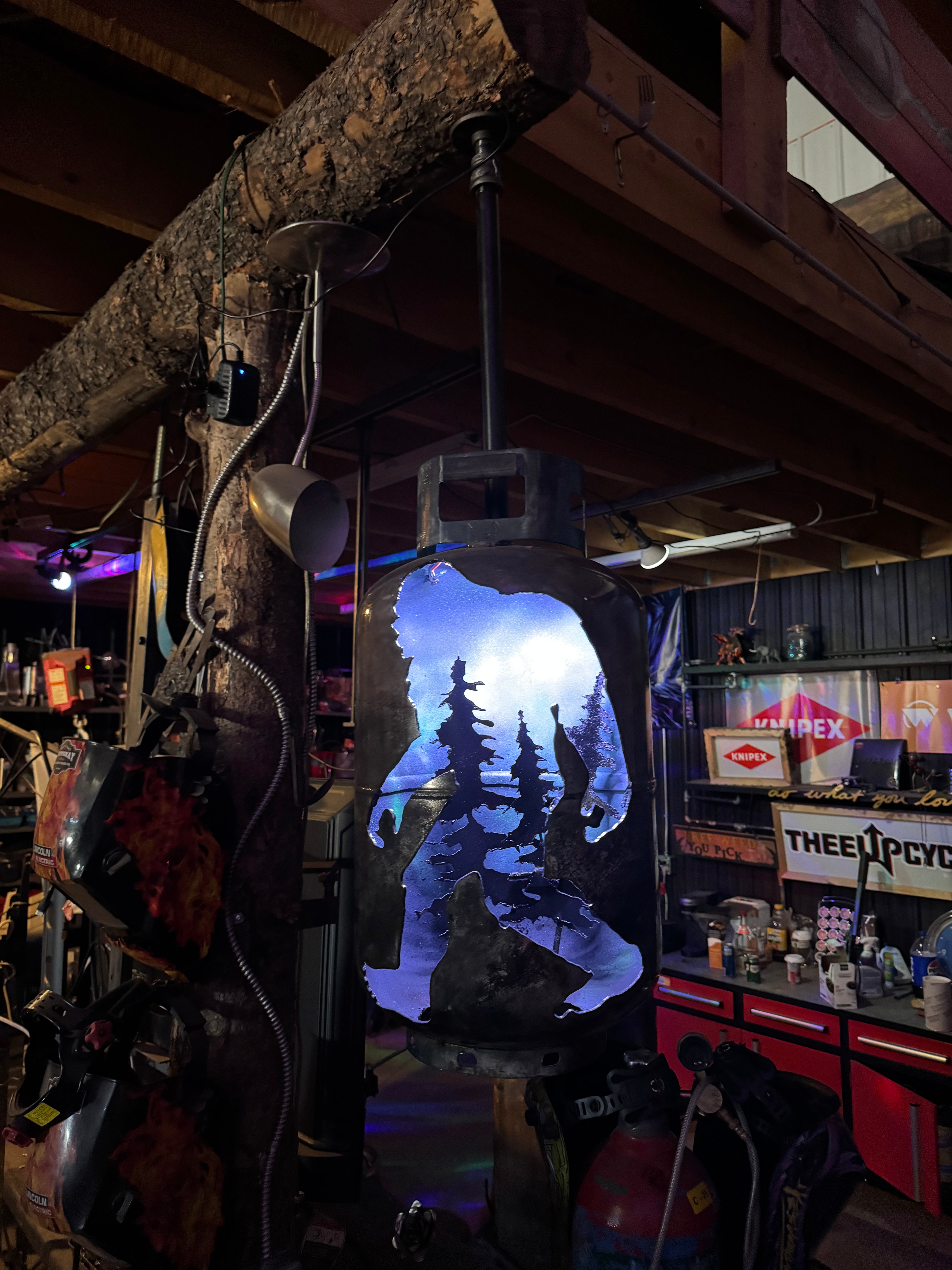 30lb Upcycled Patio Lantern, BigFoot Sasquatch hanging