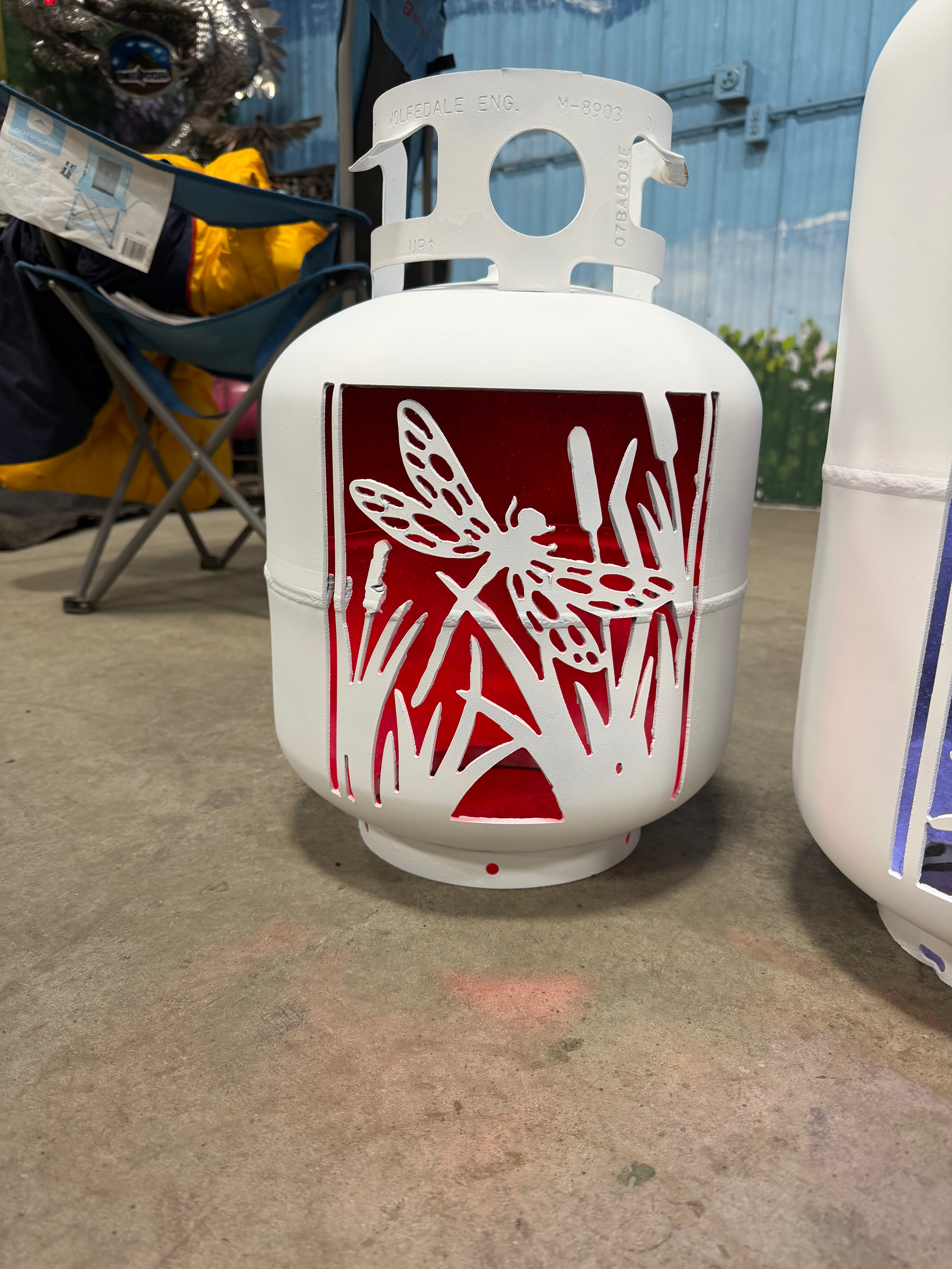 20lb Upcycled Patio Lantern, Dragonfly Painted White