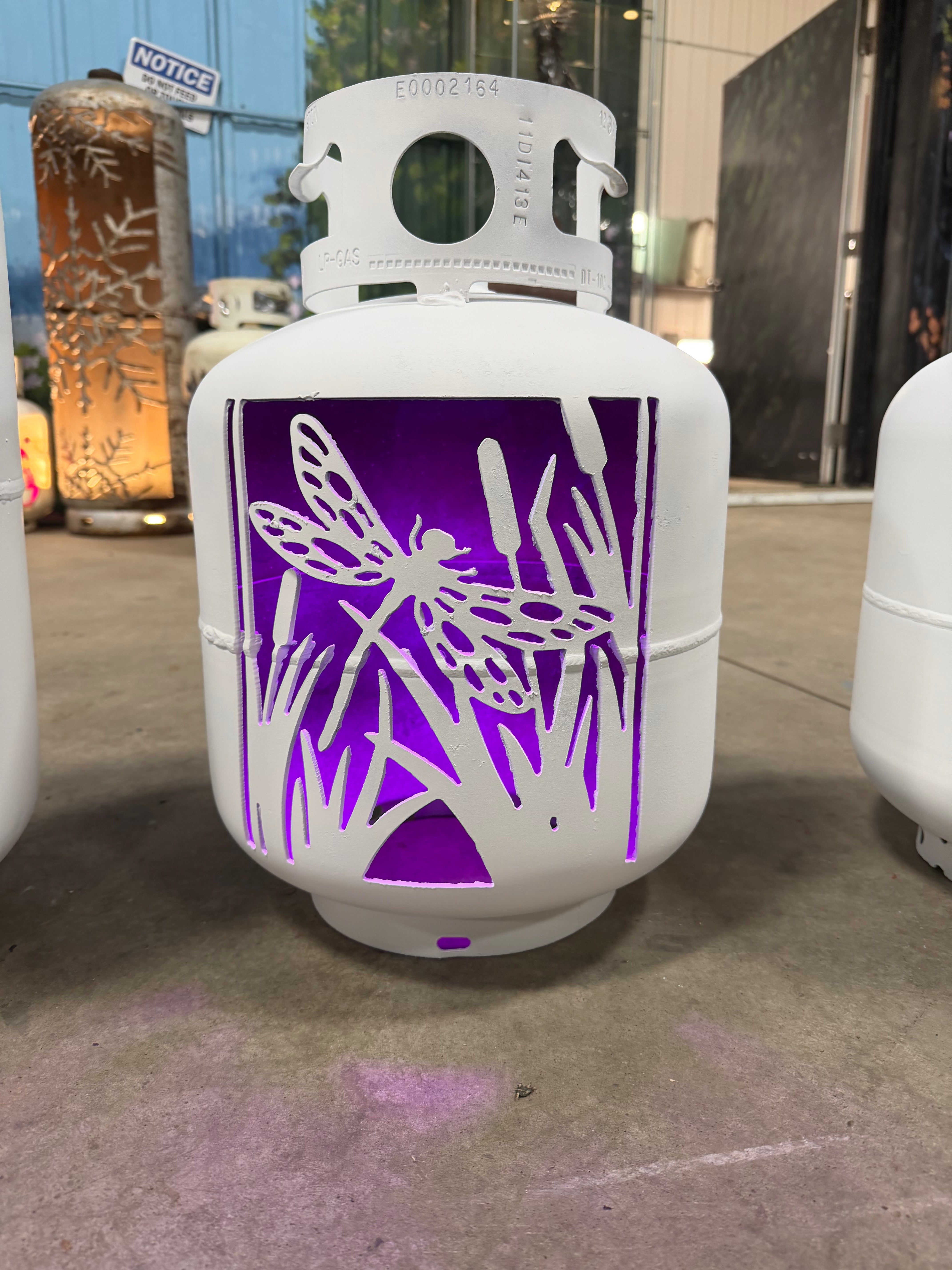 20lb Upcycled Patio Lantern, Dragonfly Painted White