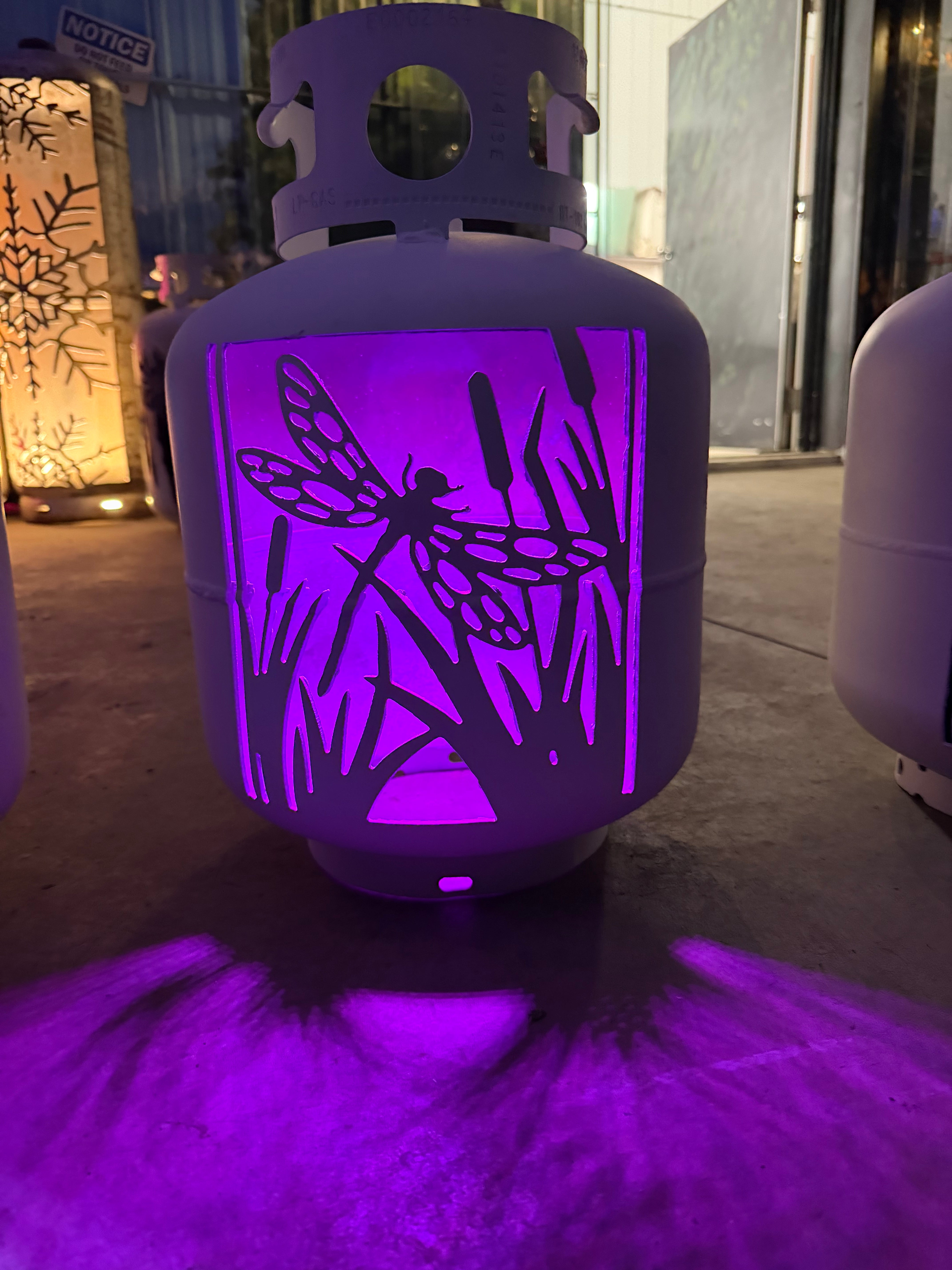 20lb Upcycled Patio Lantern, Dragonfly Painted White