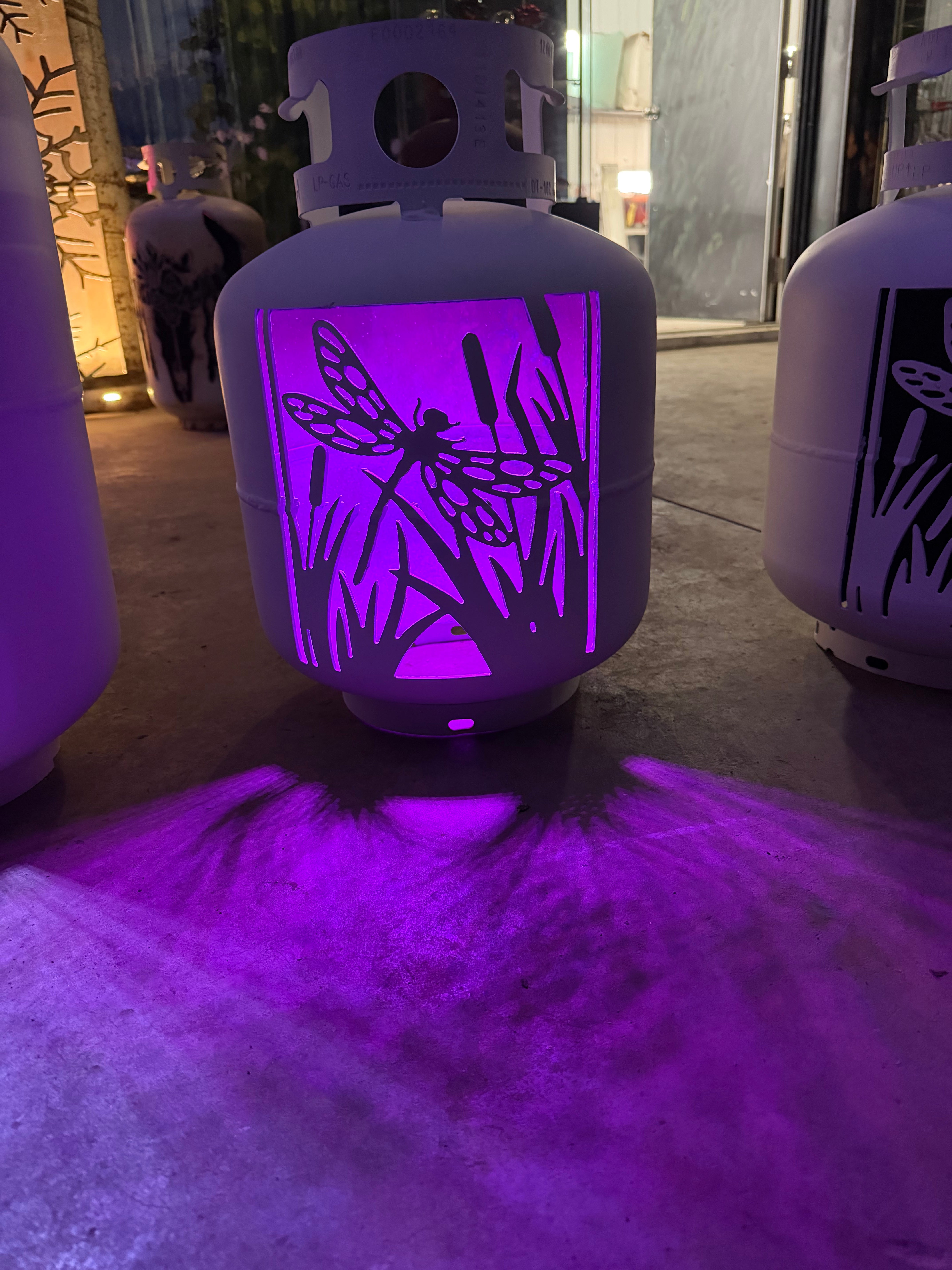 20lb Upcycled Patio Lantern, Dragonfly Painted White