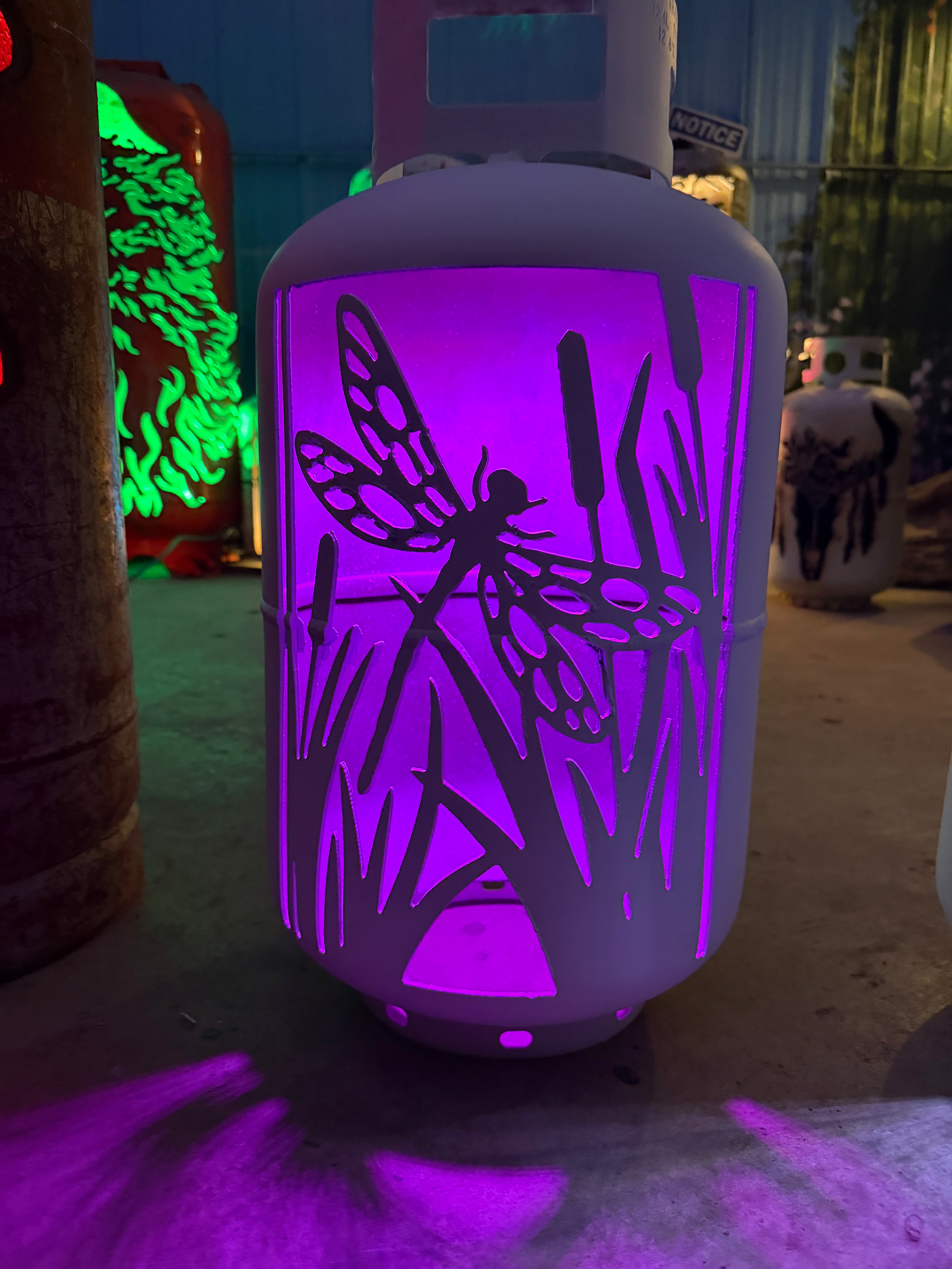 30lb Upcycled Patio Lantern, Dragonfly Painted White