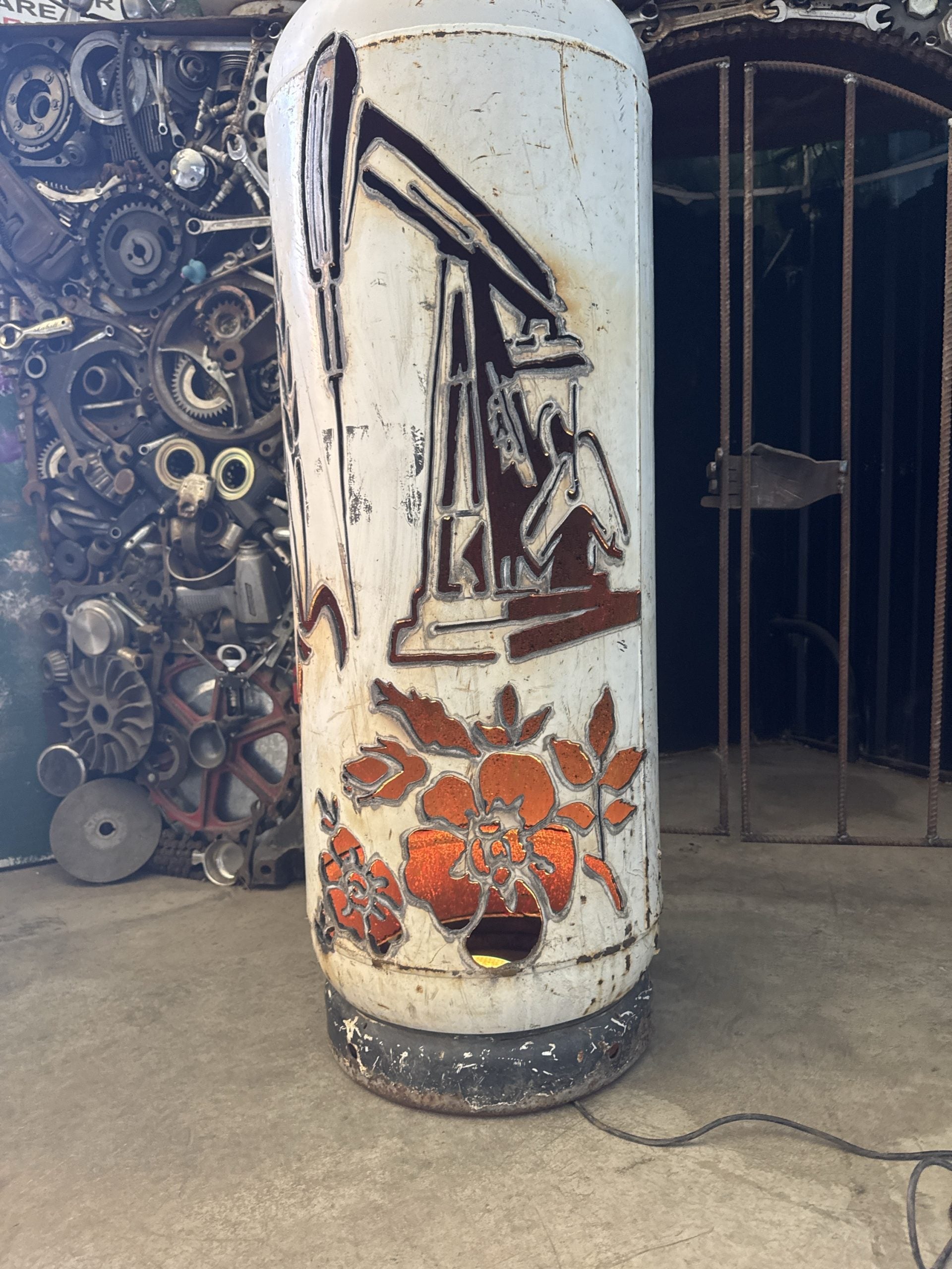 100lb Upcycled Patio Lantern, Pump Jack,Wheat & Wild Rose