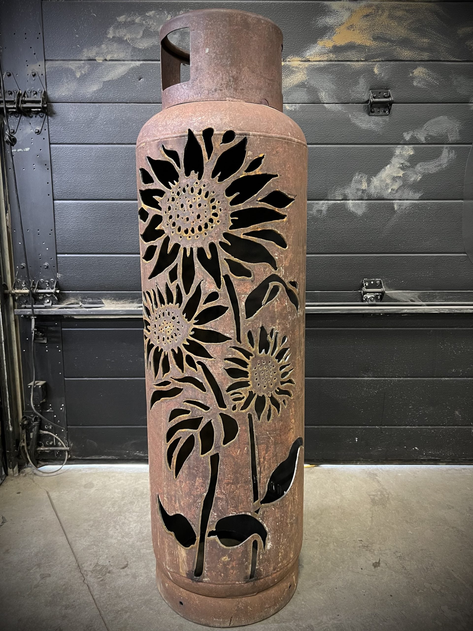 100lb Upcycled Patio Lantern, Three Sunflowers