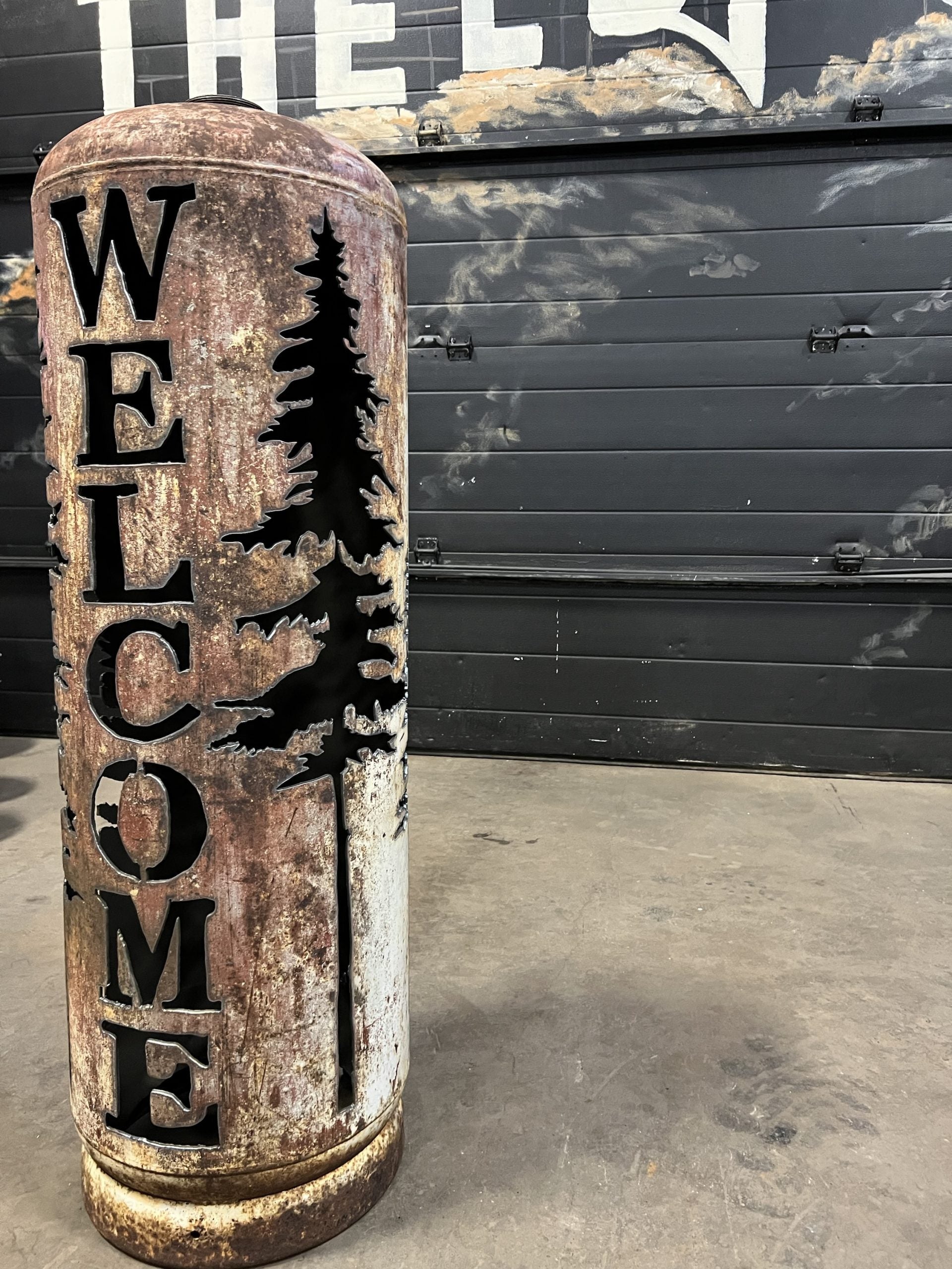 100lb Upcycled Patio Lantern, Welcome & Spruce Trees