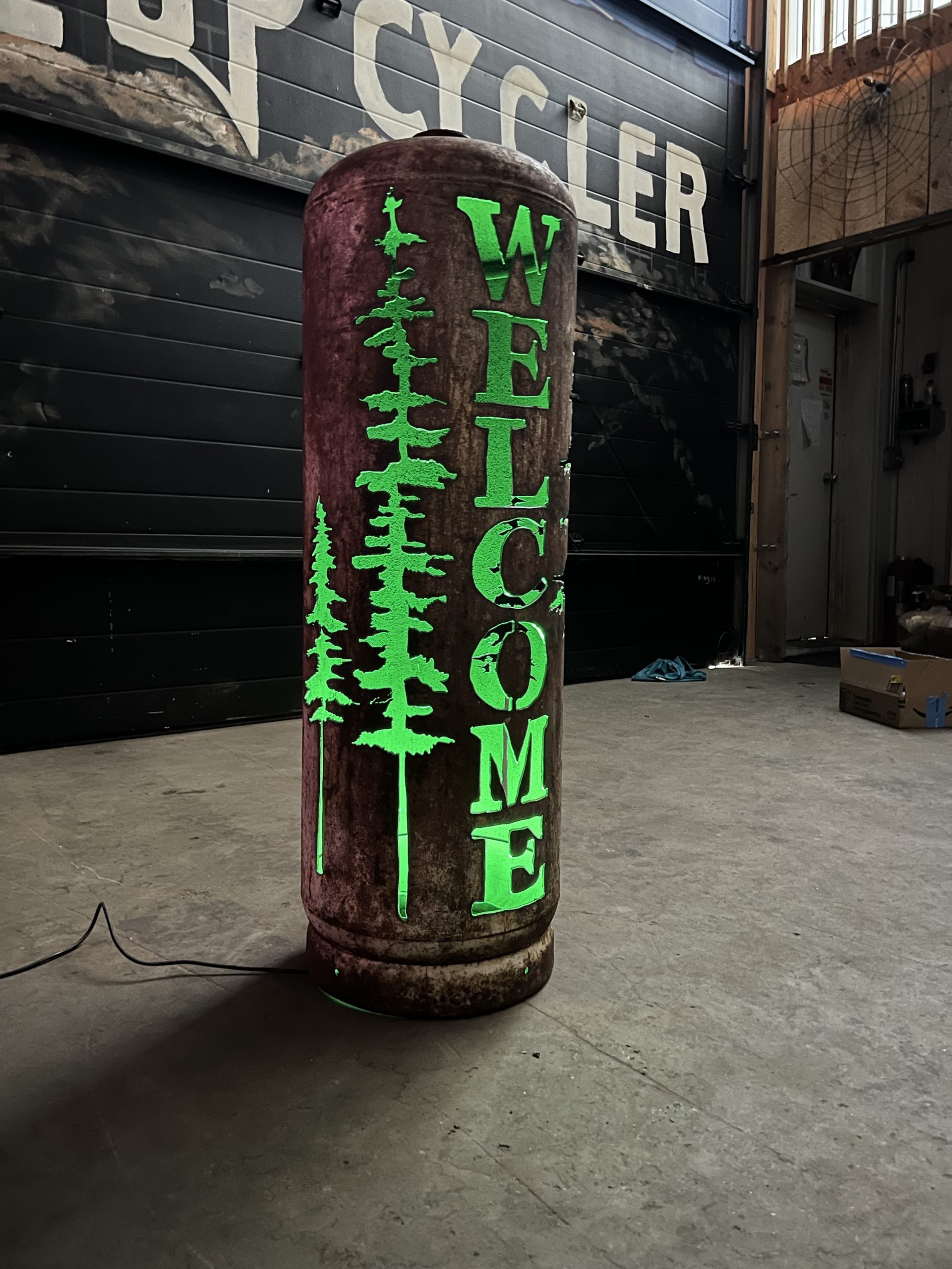 100lb Upcycled Patio Lantern, Welcome & Spruce Trees
