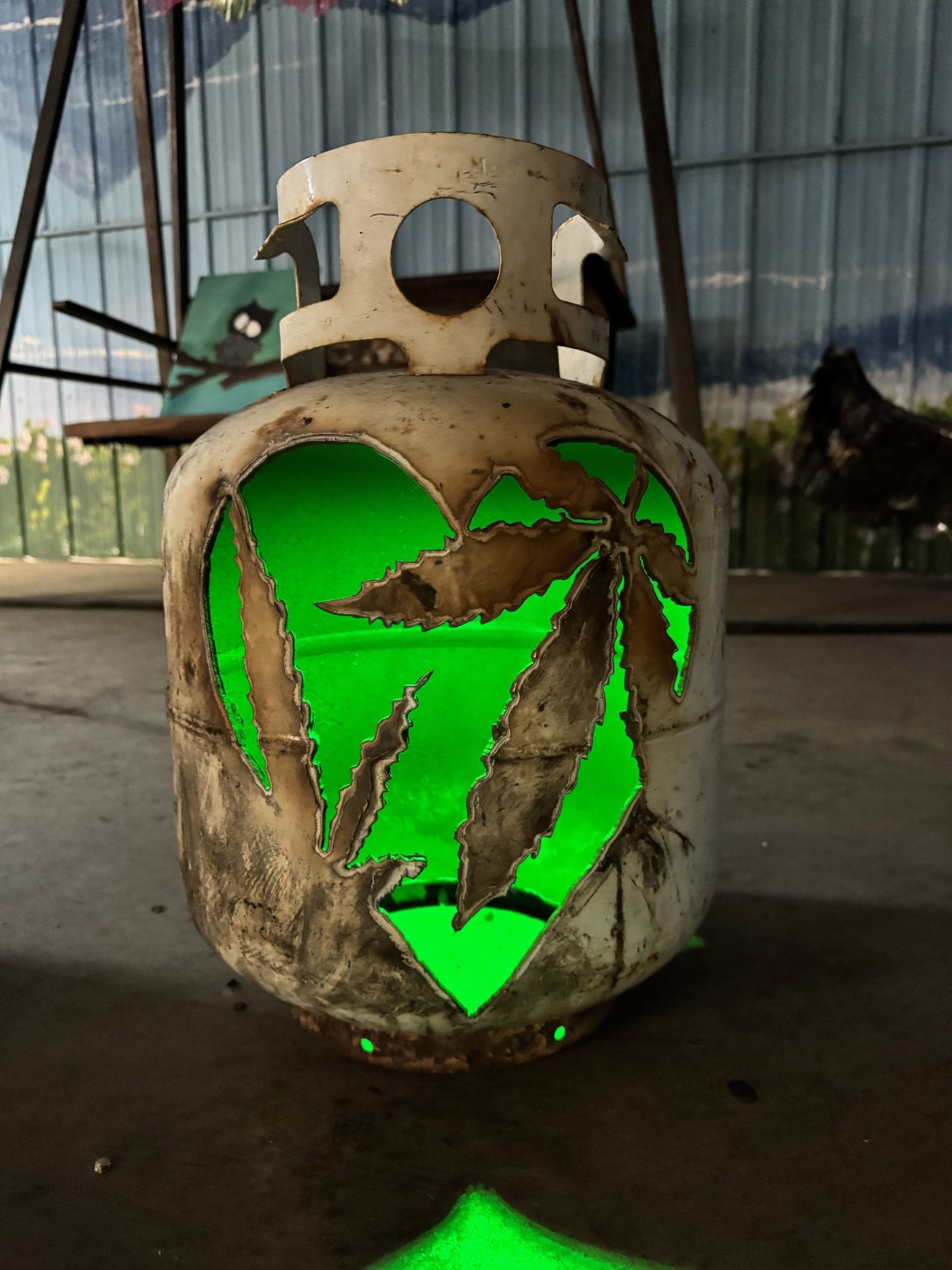20lb Upcycled Patio Lantern, Heart & Marijane Leaves