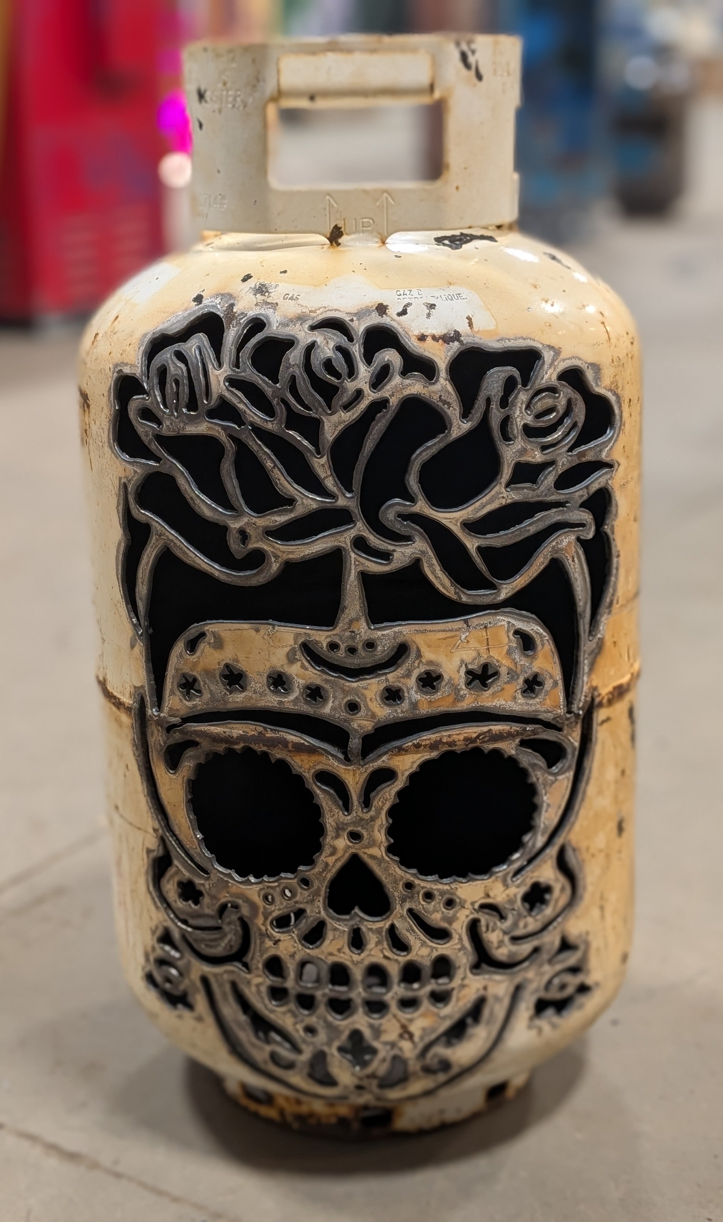 30lb Upcycled Patio Lantern, Rose Sugar Skull Halloween