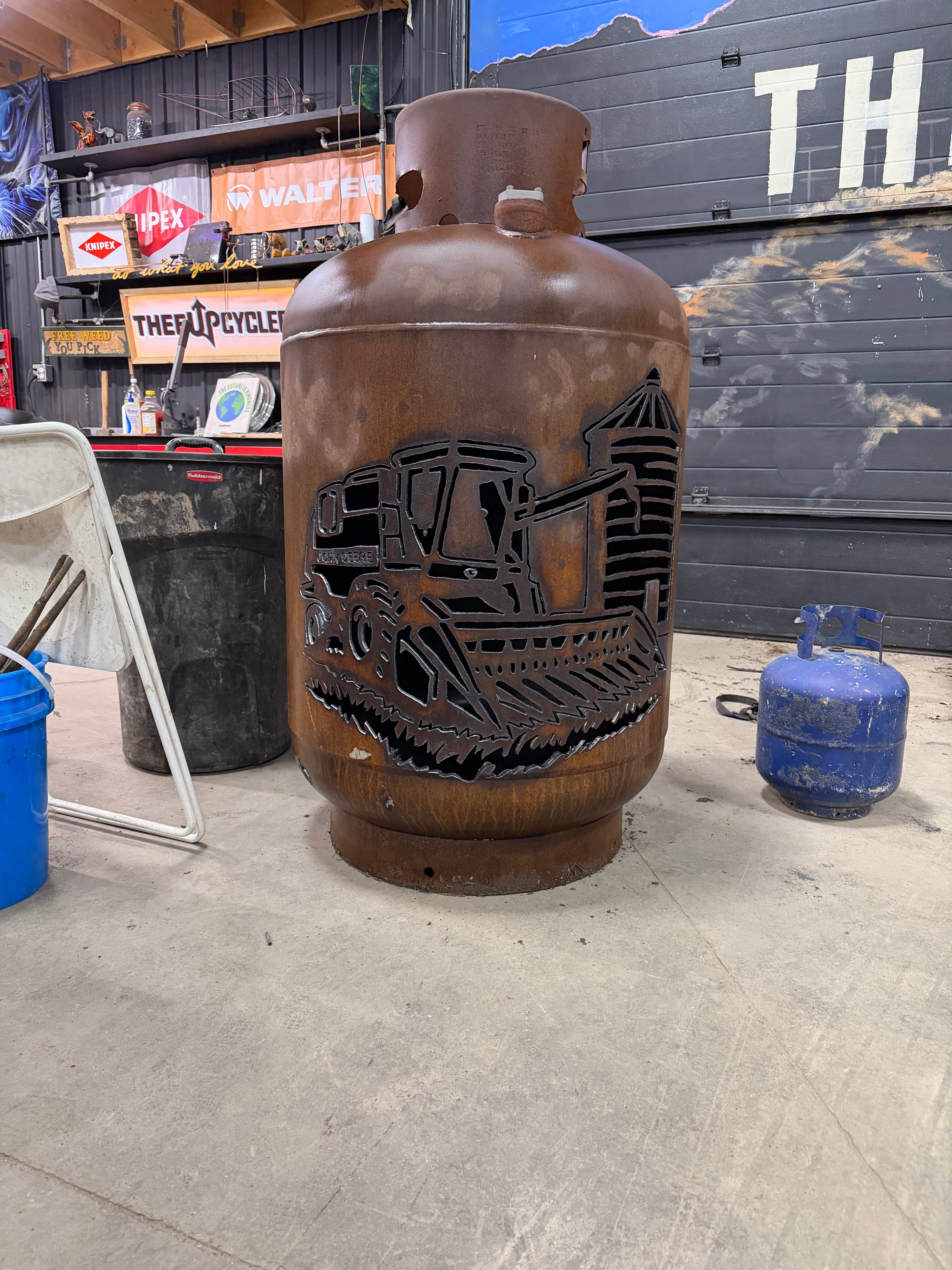 400LB Upcycled Patio Lantern, JOHN DEERE Combine and grain bin