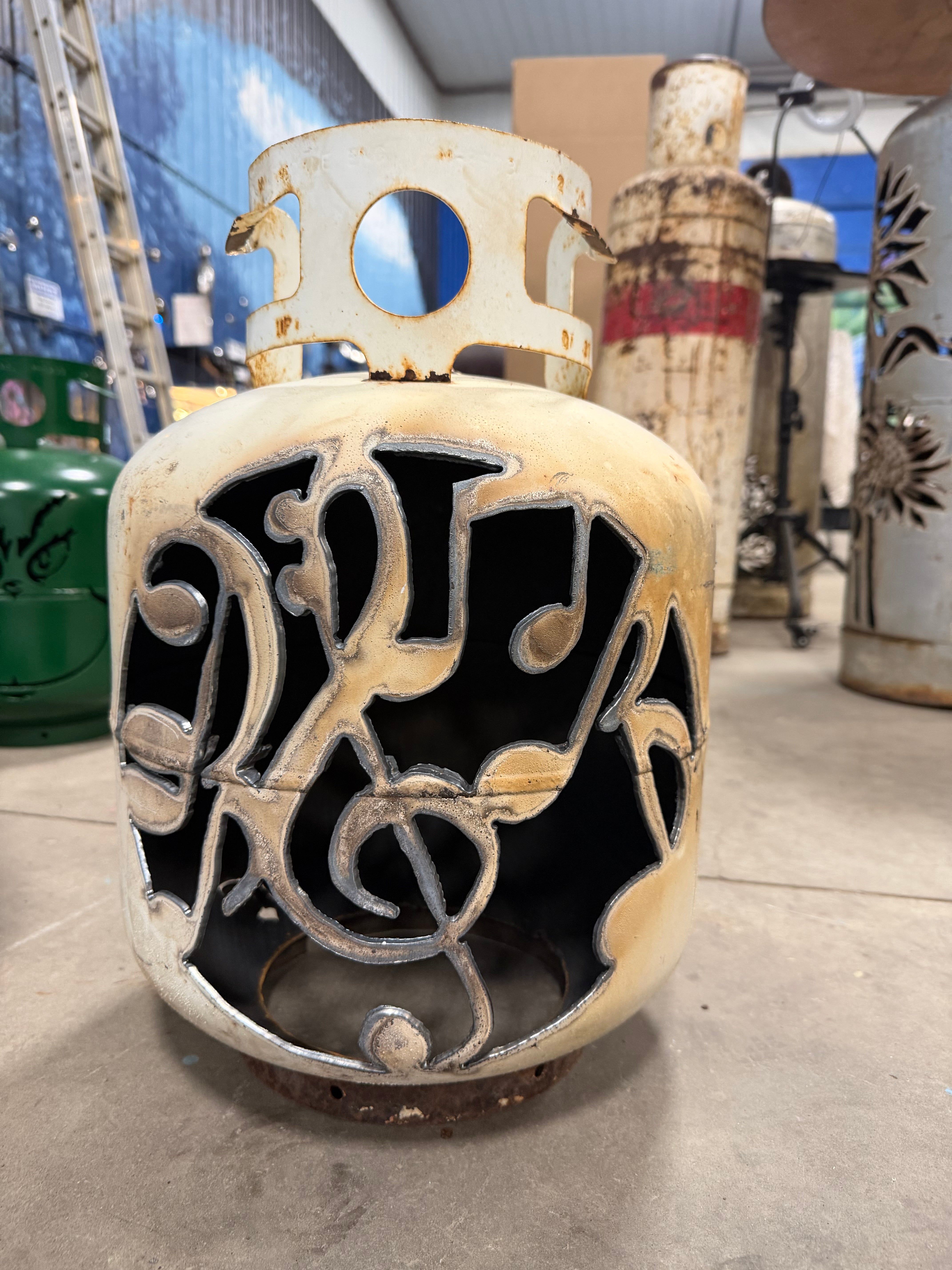20lb Upcycled Patio Lantern, Treble-Clef Music Notes Natural Finish