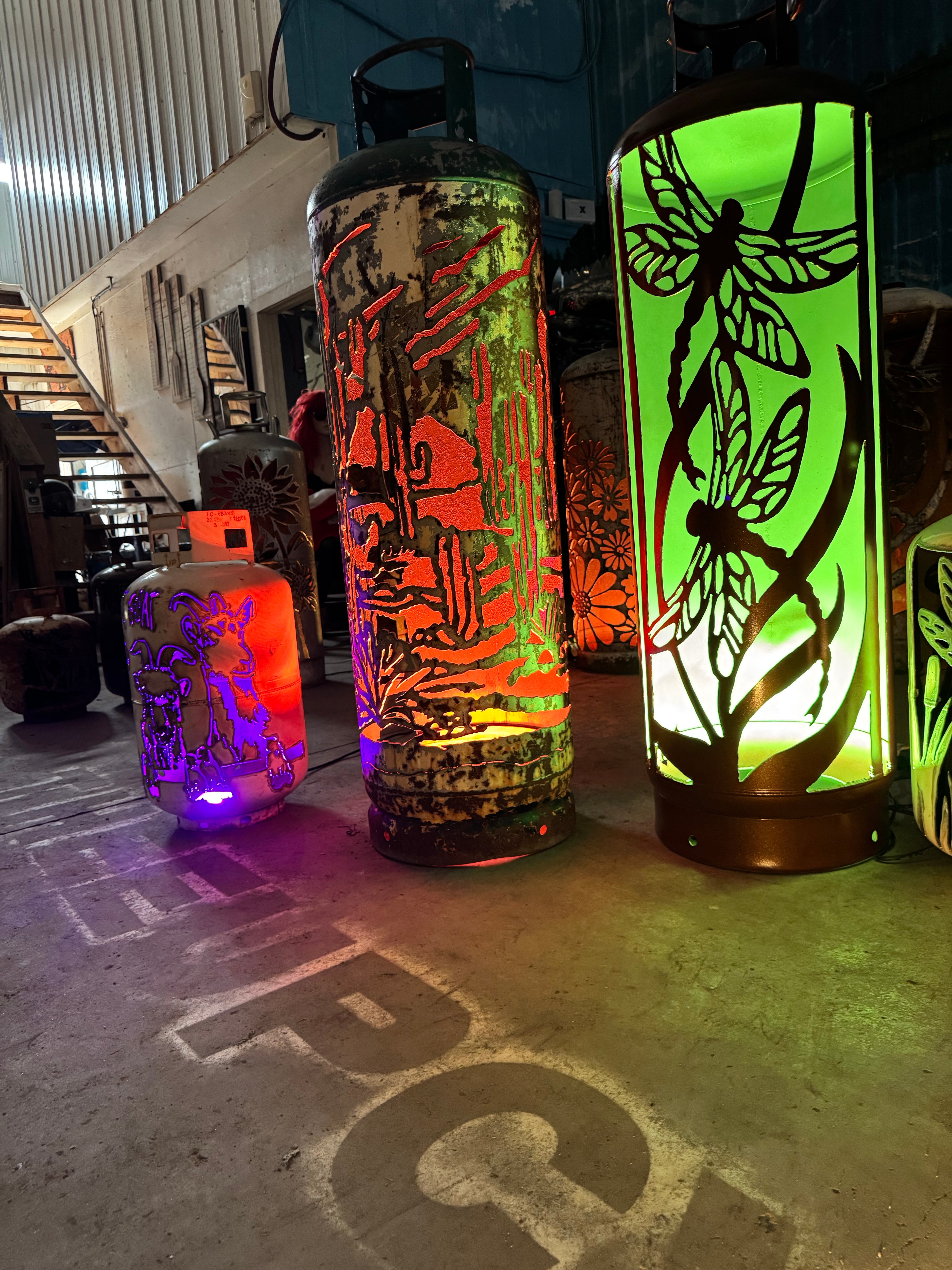 100lb Upcycled Patio Lantern, Dragonfly Painted Copper