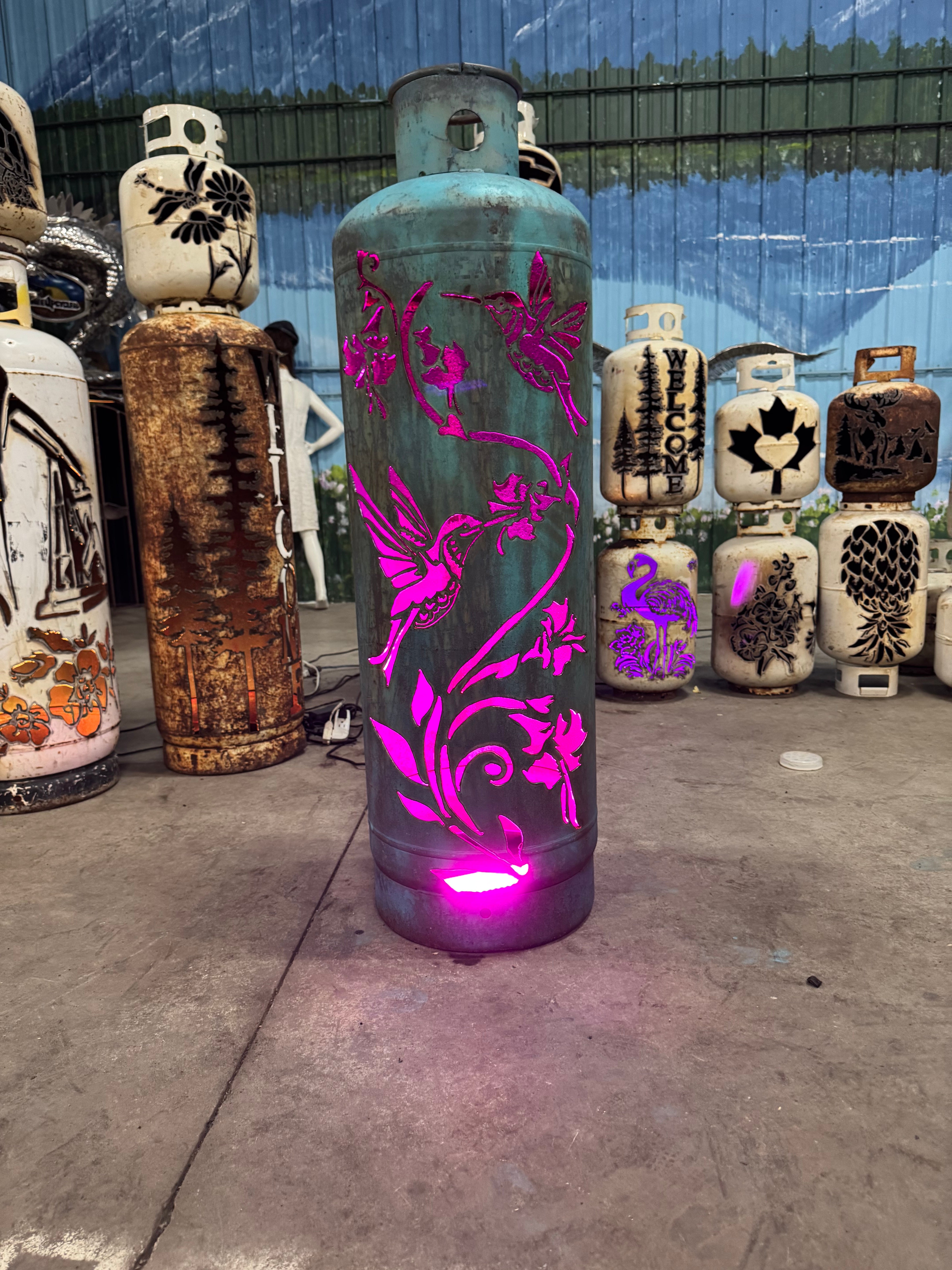 100lb Upcycled Patio Lantern, Tiffany Blue Patina Hummingbird