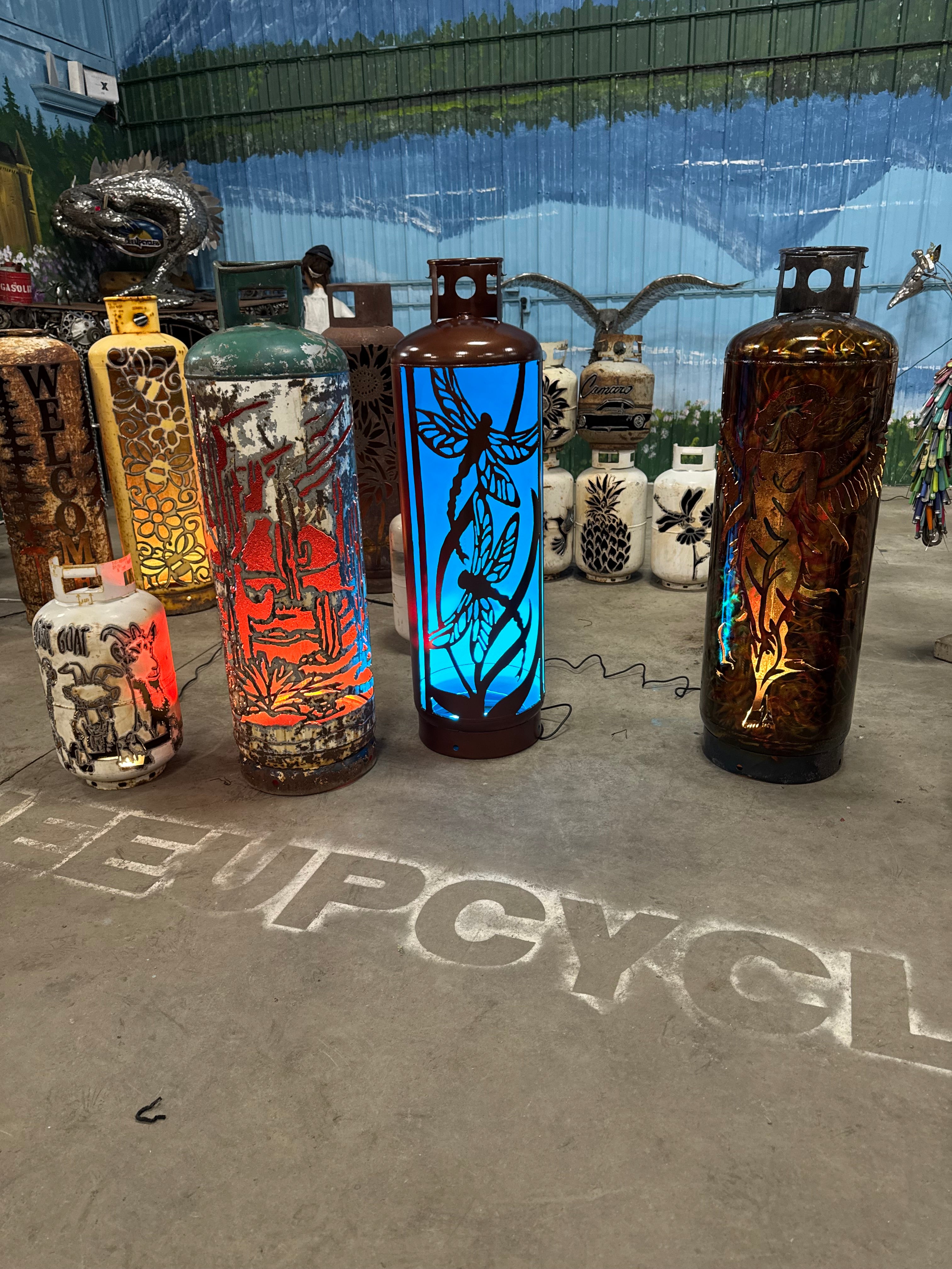 100lb Upcycled Patio Lantern, Dragonfly Painted Copper