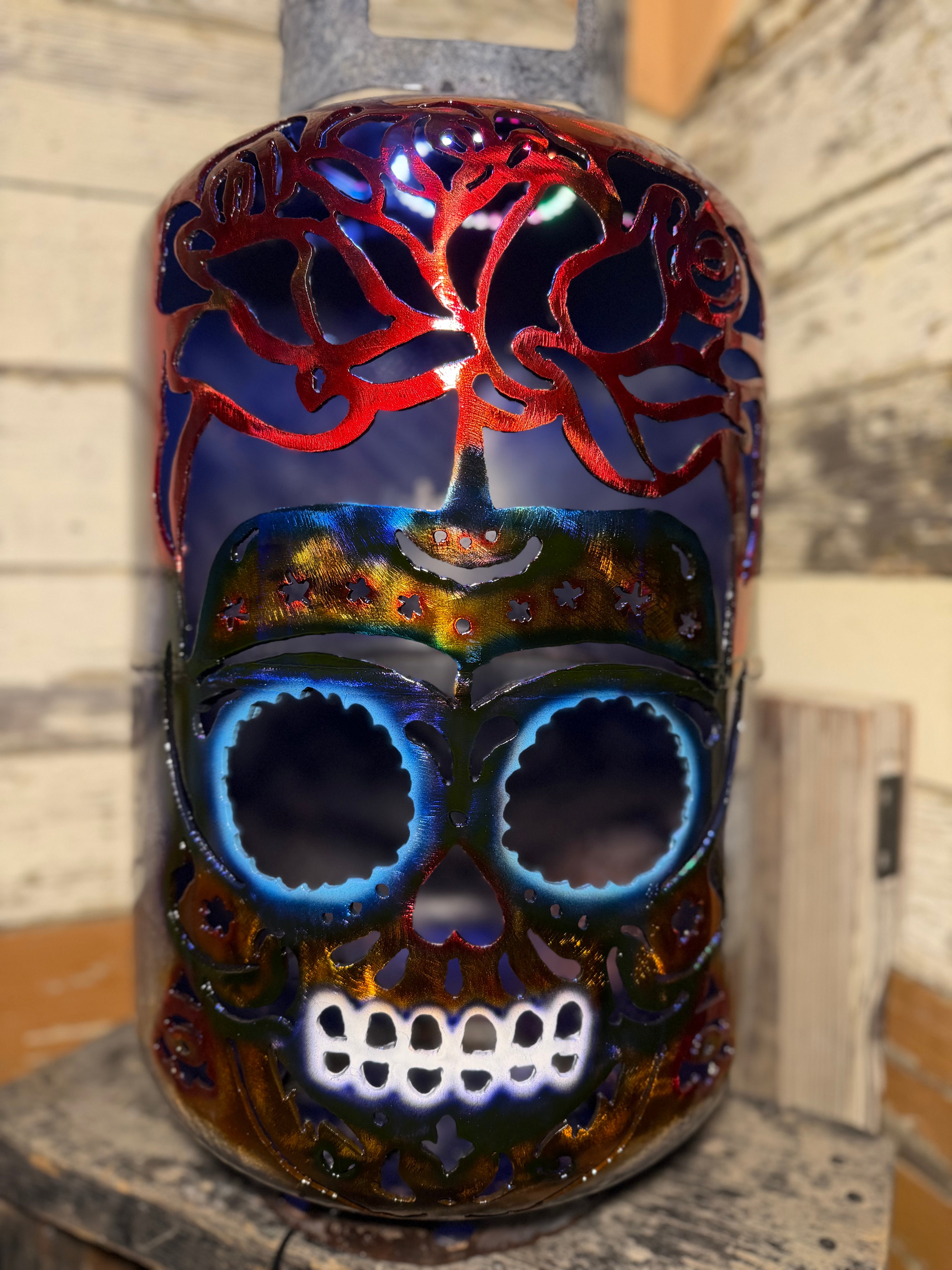 30lb Upcycled Patio Lantern, Still - thee Rose Grows Sugar Skull