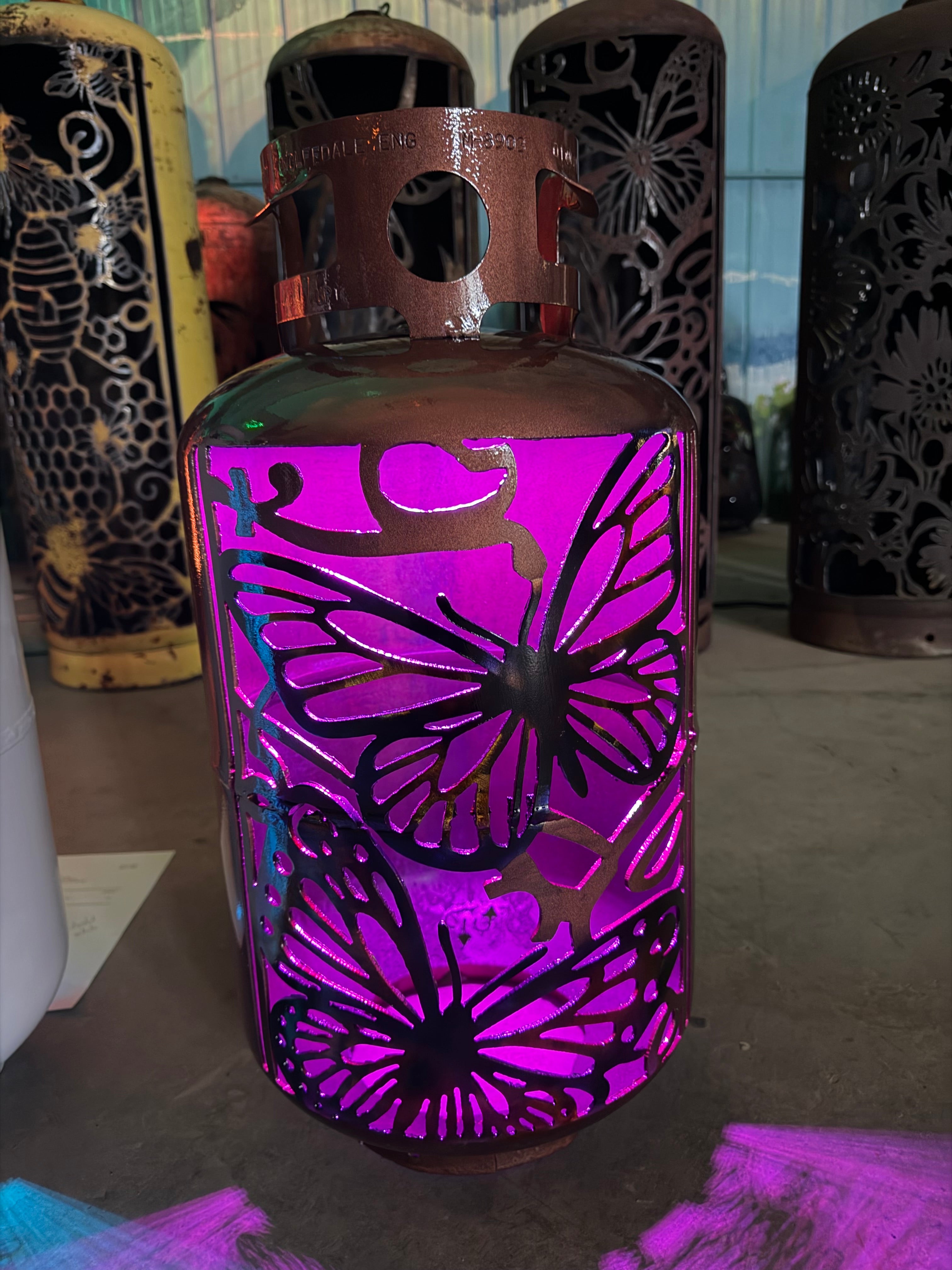 30lb Upcycled Patio Lantern, Mariposa 2 Butterfly Copper Airbrush Patina