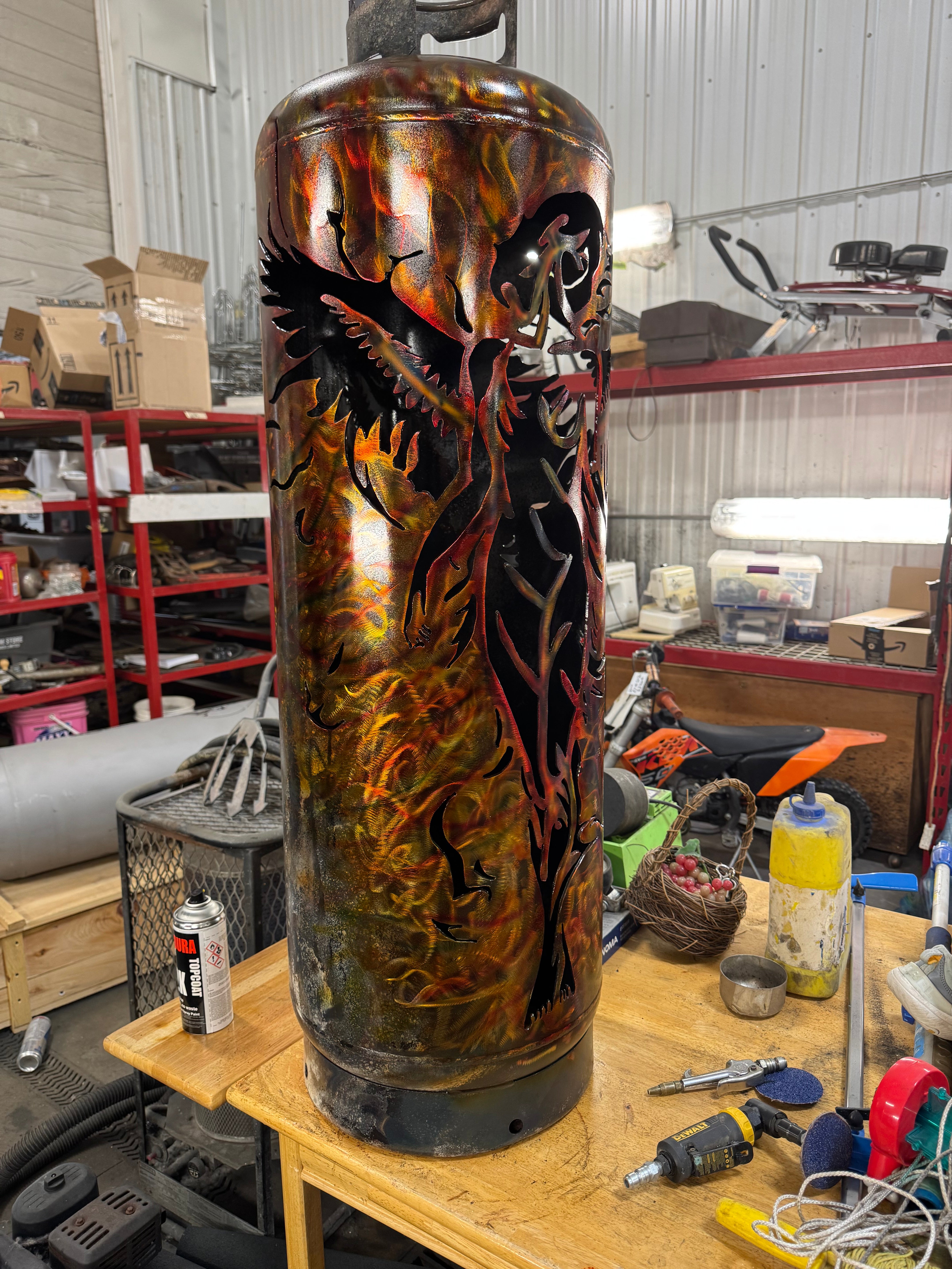 100lb Upcycled Patio Lantern, Angel With Flame Finish On A Burnt Bottle