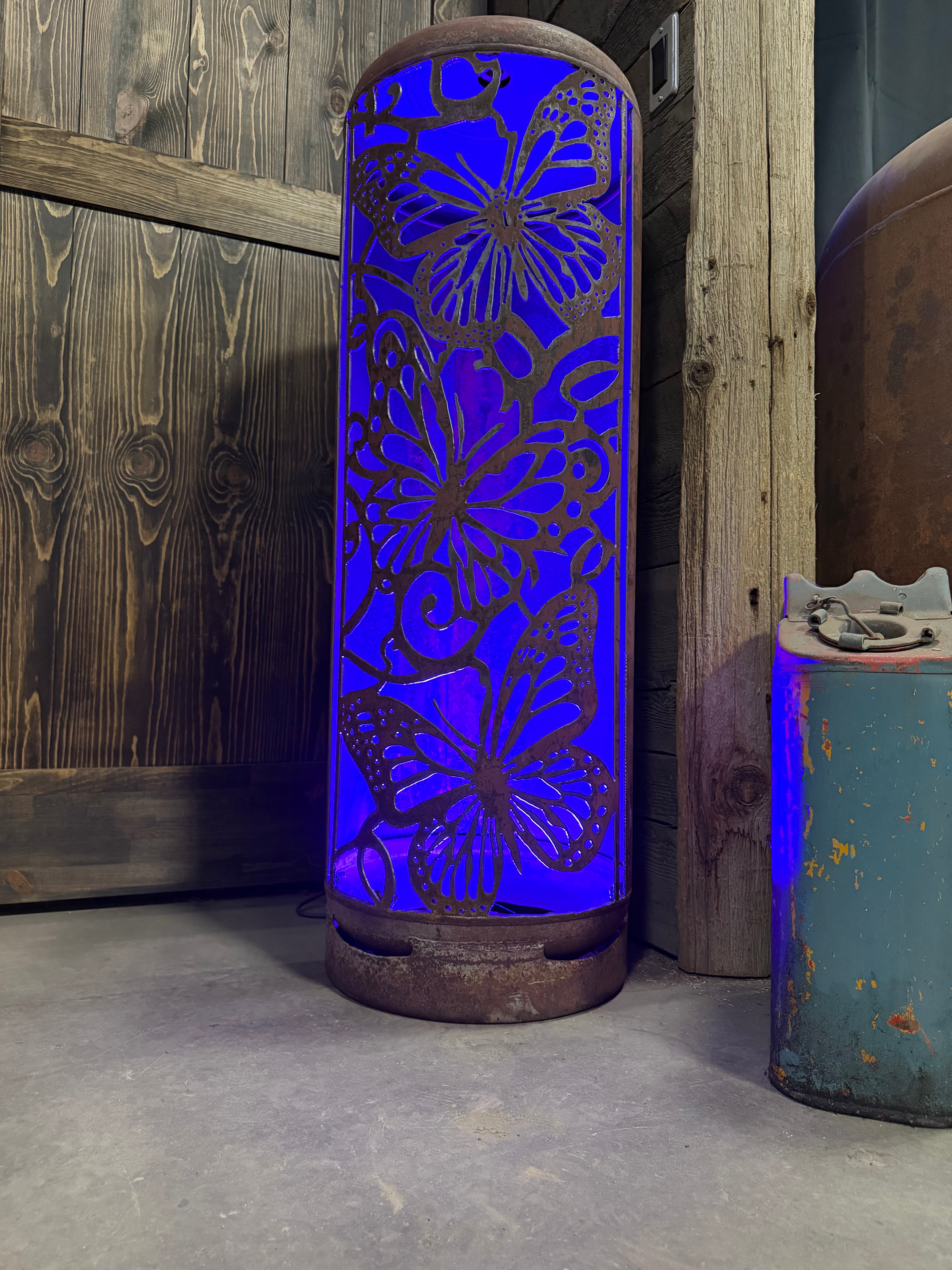 100lb Upcycled Patio Lantern, Mariposa 3 Butterfly Lantern Natural Finish