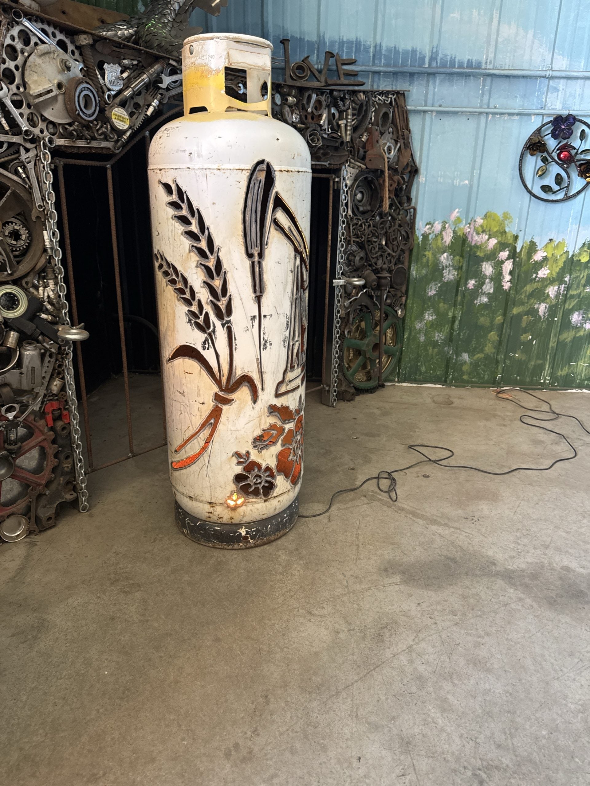 100lb Upcycled Patio Lantern, Pump Jack,Wheat & Wild Rose