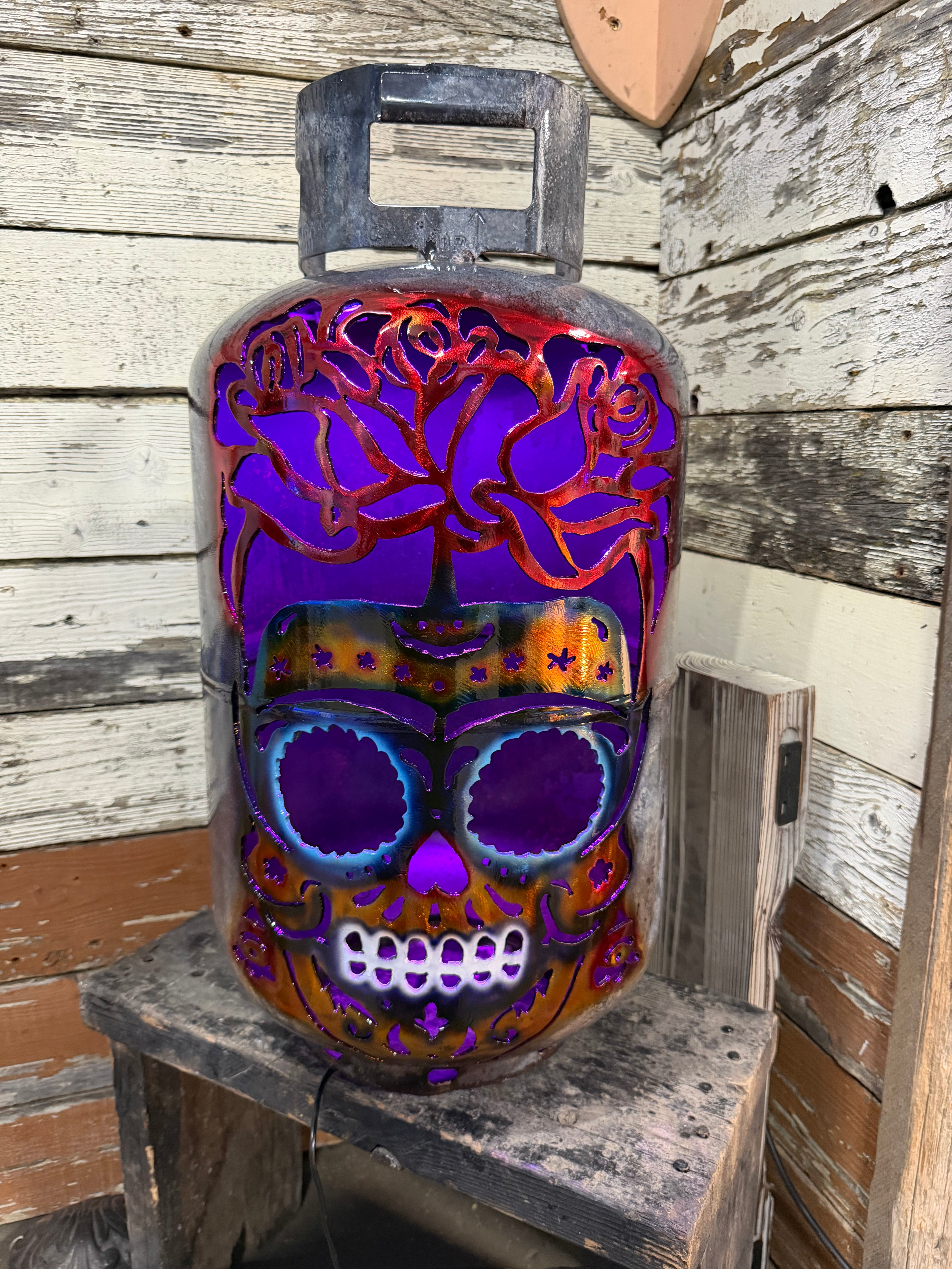 30lb Upcycled Patio Lantern, Still - thee Rose Grows Sugar Skull