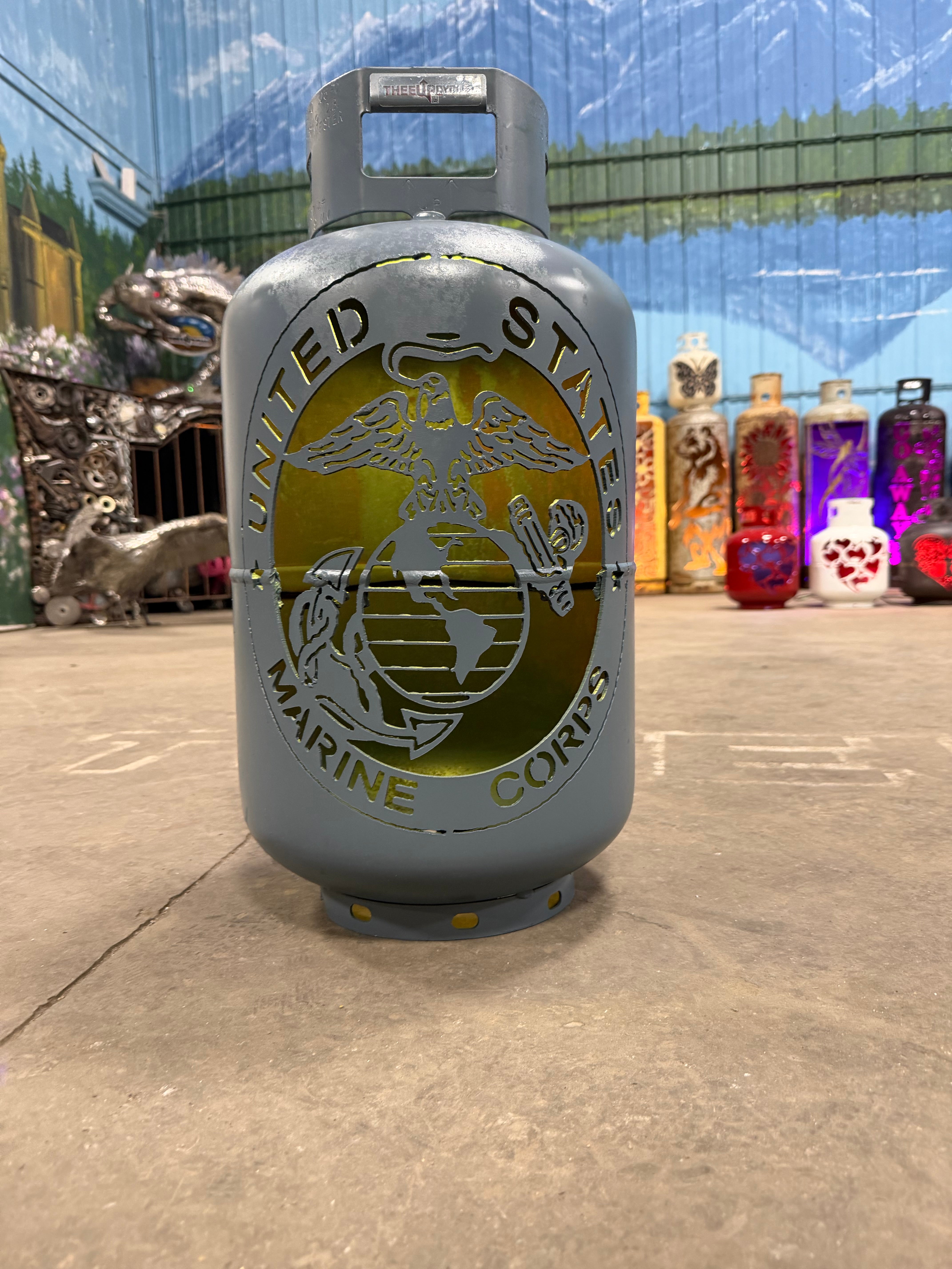 30lb Upcycled Patio Lantern, United Stated Marine Corps USMC USA Painted Grey