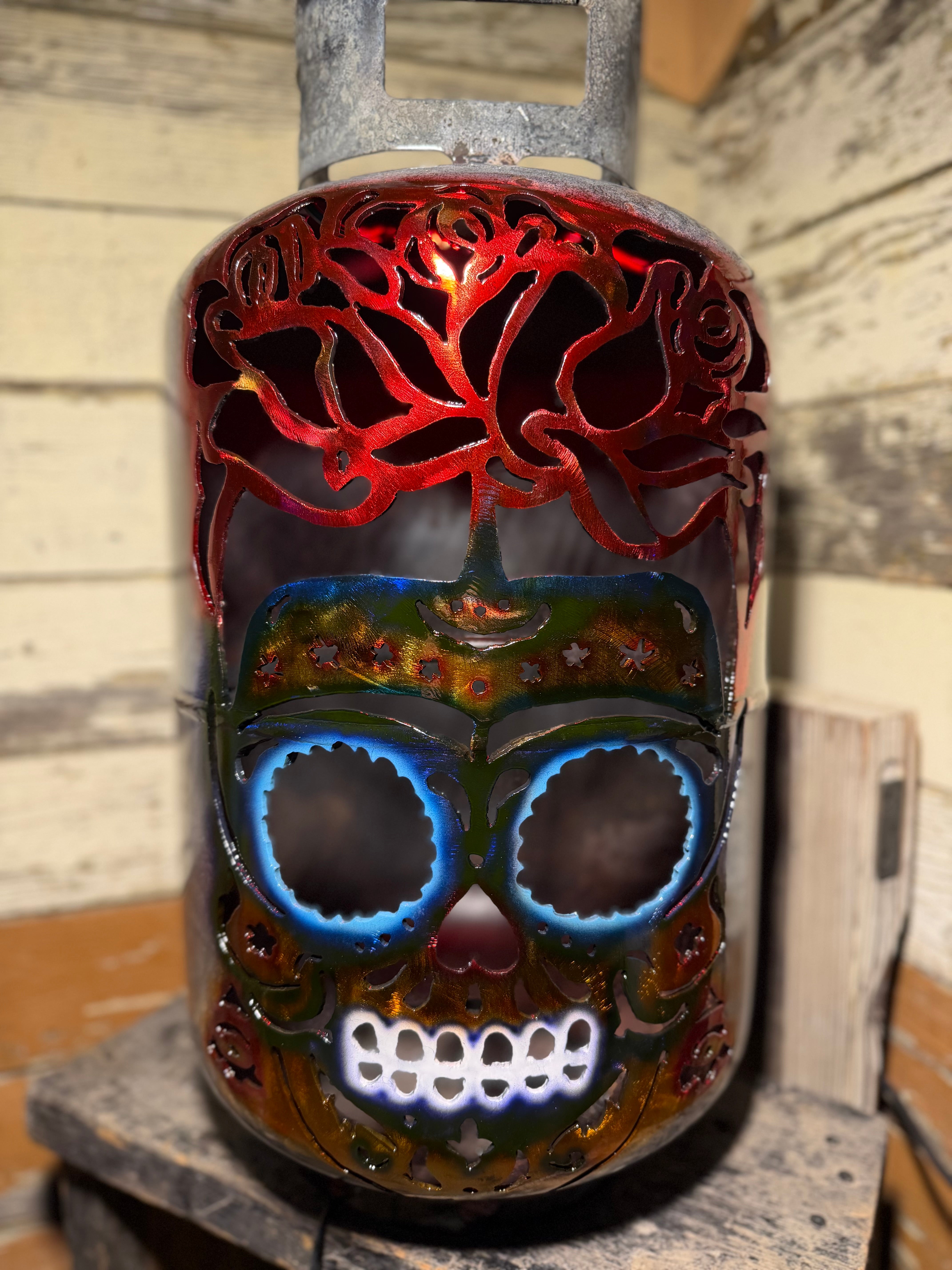 30lb Upcycled Patio Lantern, Still - thee Rose Grows Sugar Skull