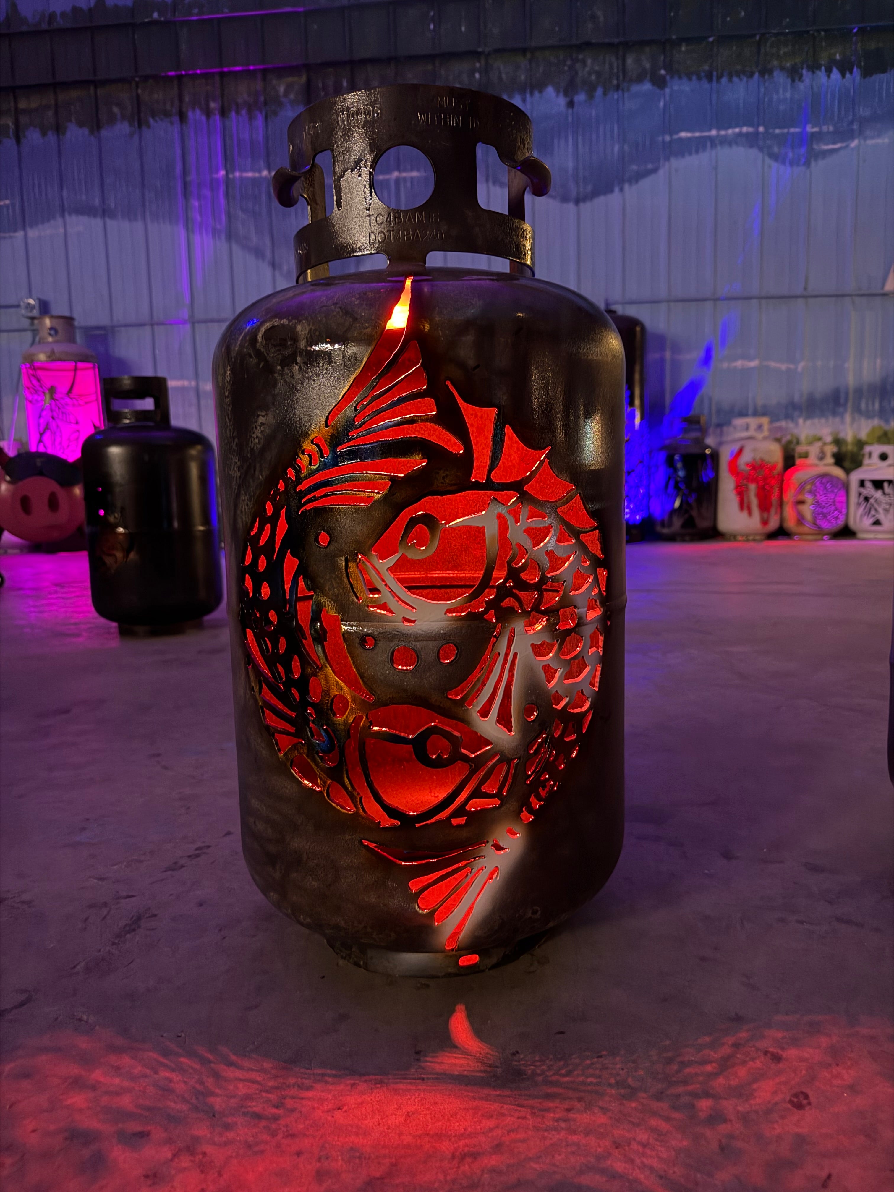 30lb Upcycled Patio Lantern, Koi Fish Airbrushed Patina finish