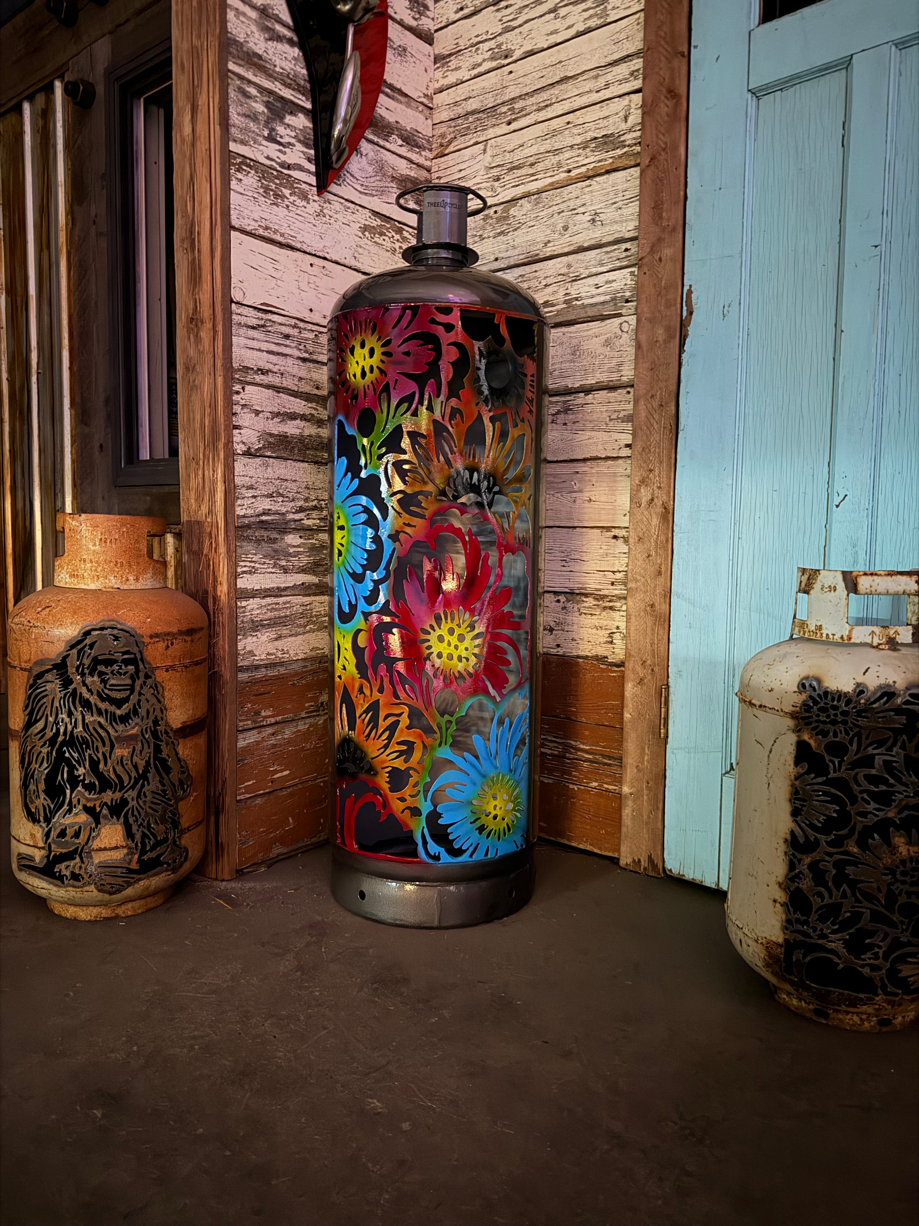 M100lb Upcycled Patio Lantern, Midnight Bloom Floral Airbrushed